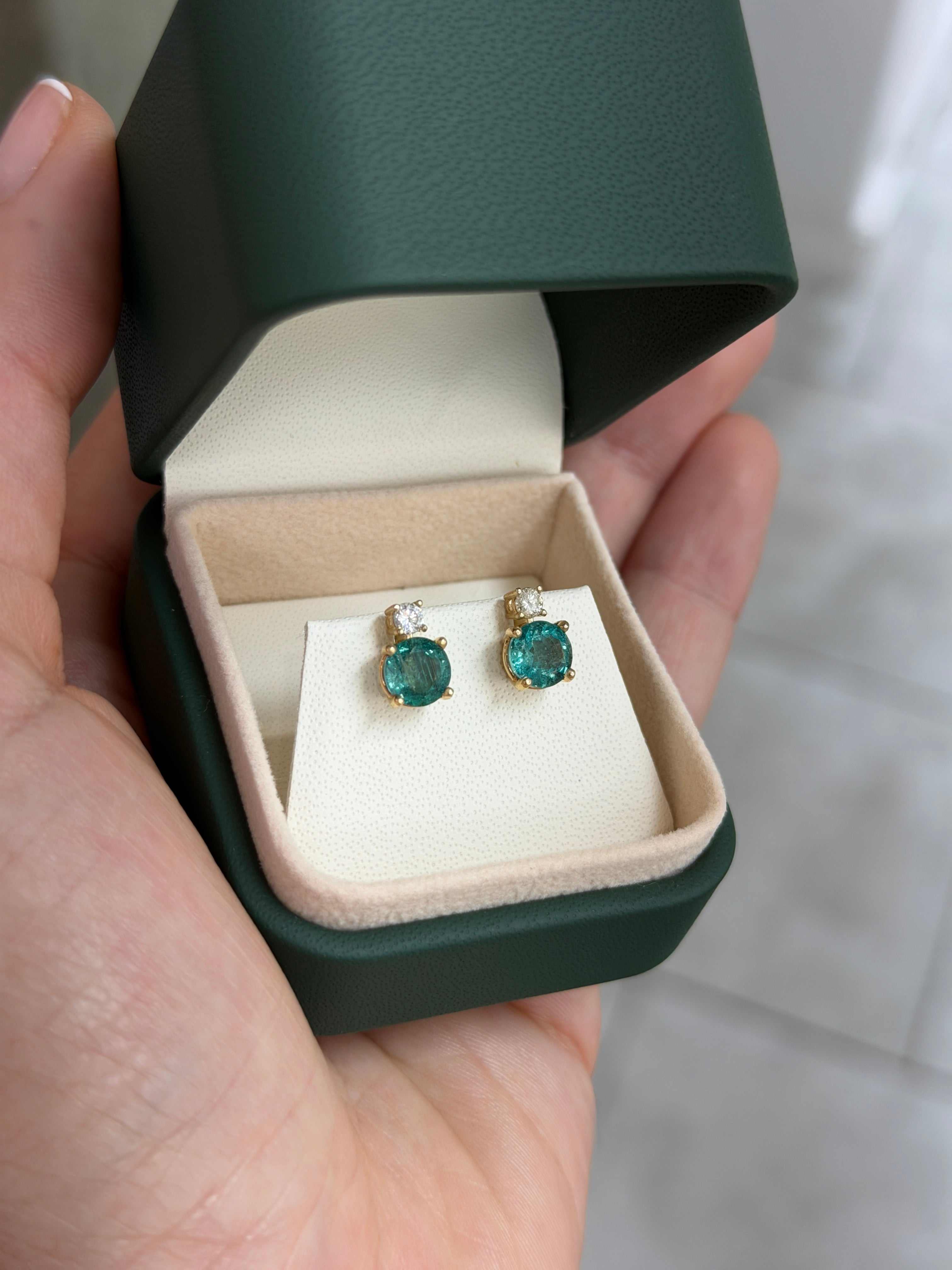 2.30tcw Round Emerald & Diamond Accented Stud 14K Gold