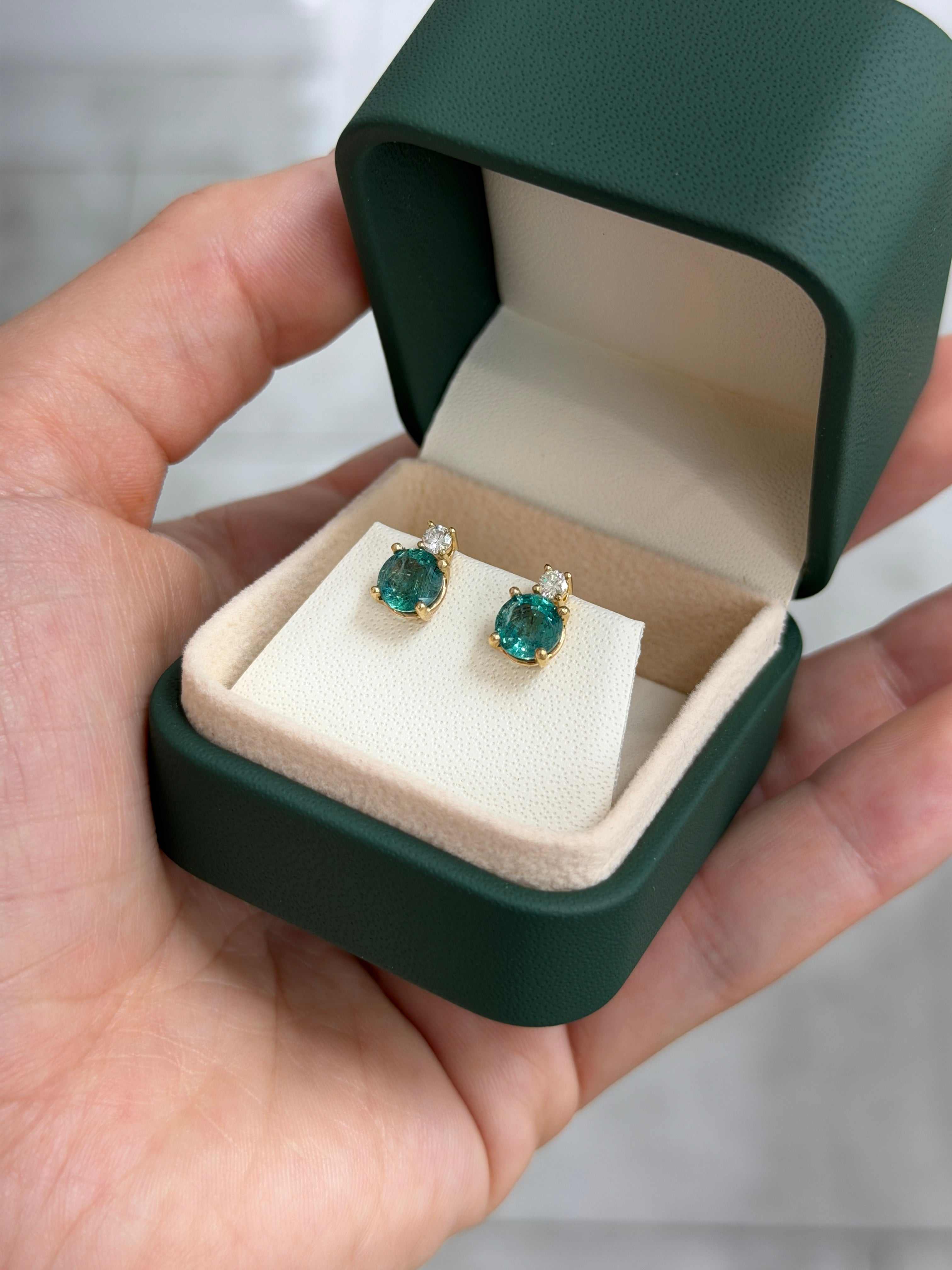 2.30tcw Round Emerald & Diamond Accented Stud 14K Gold