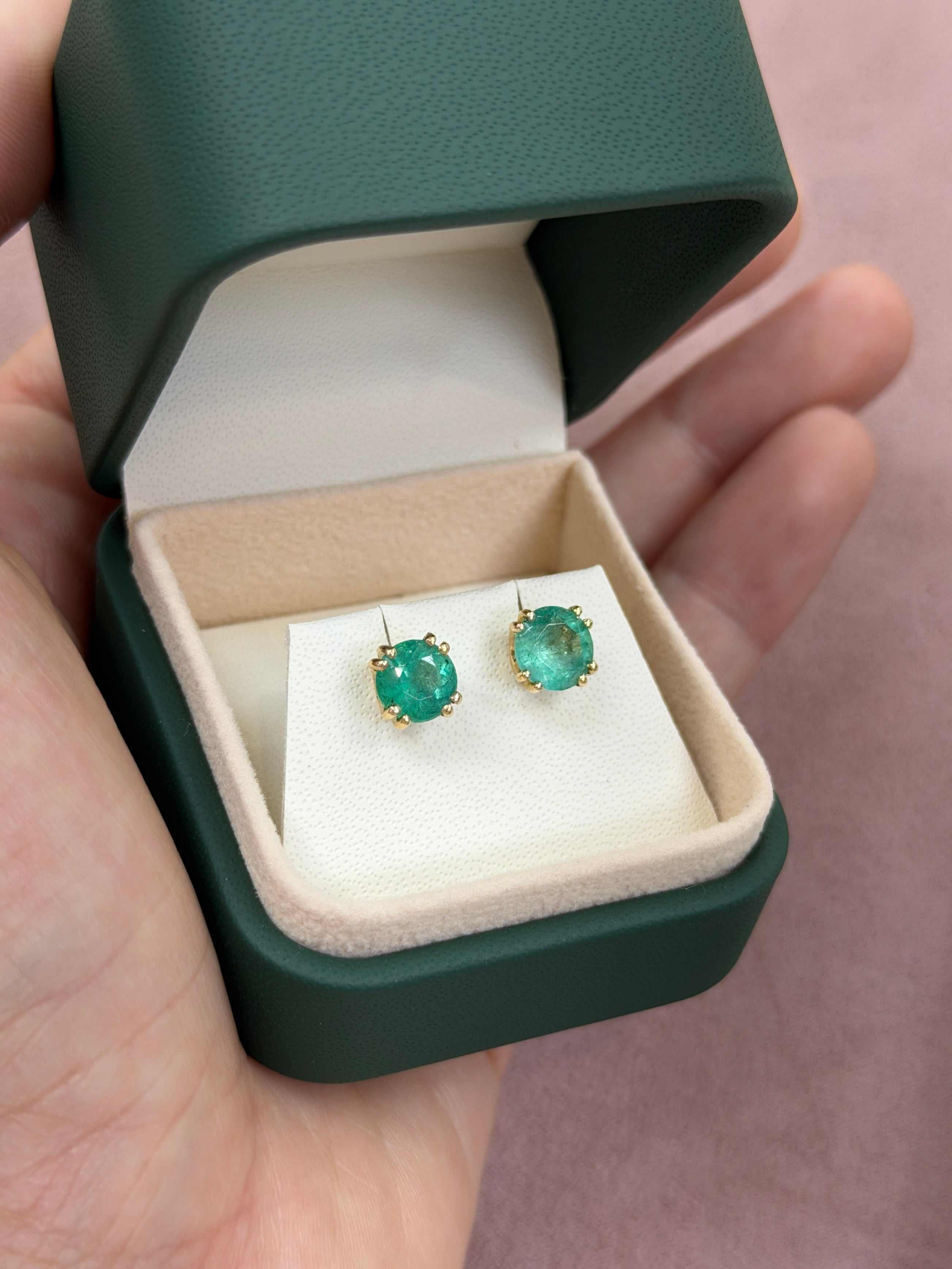 2.73tcw Double Prong Round Emerald Studs 14K