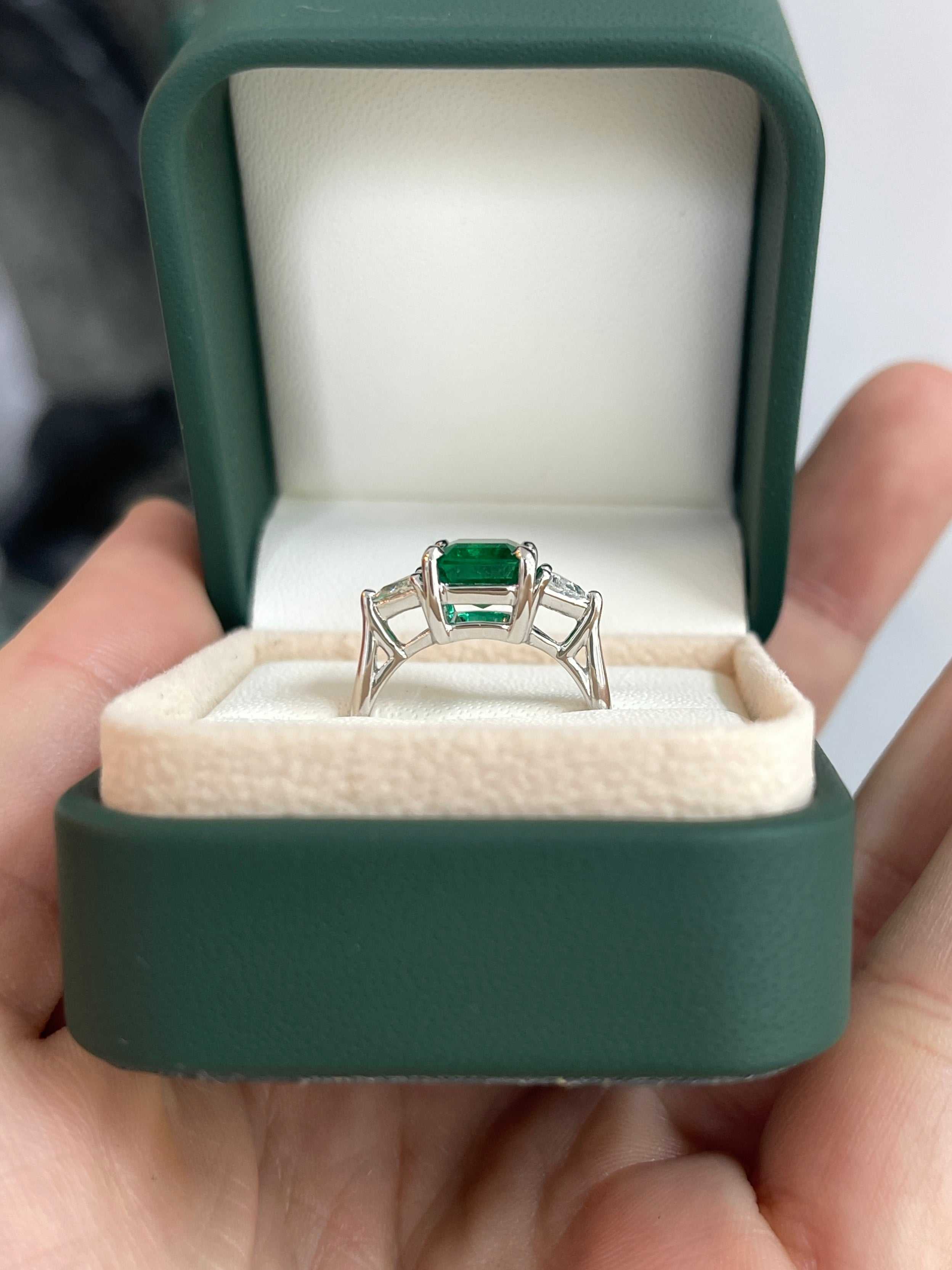 3.26tcw Natural Zambian Emerald Cut Ring With Trillion Diamonds 18K White Gold - JR Colombian Emeralds