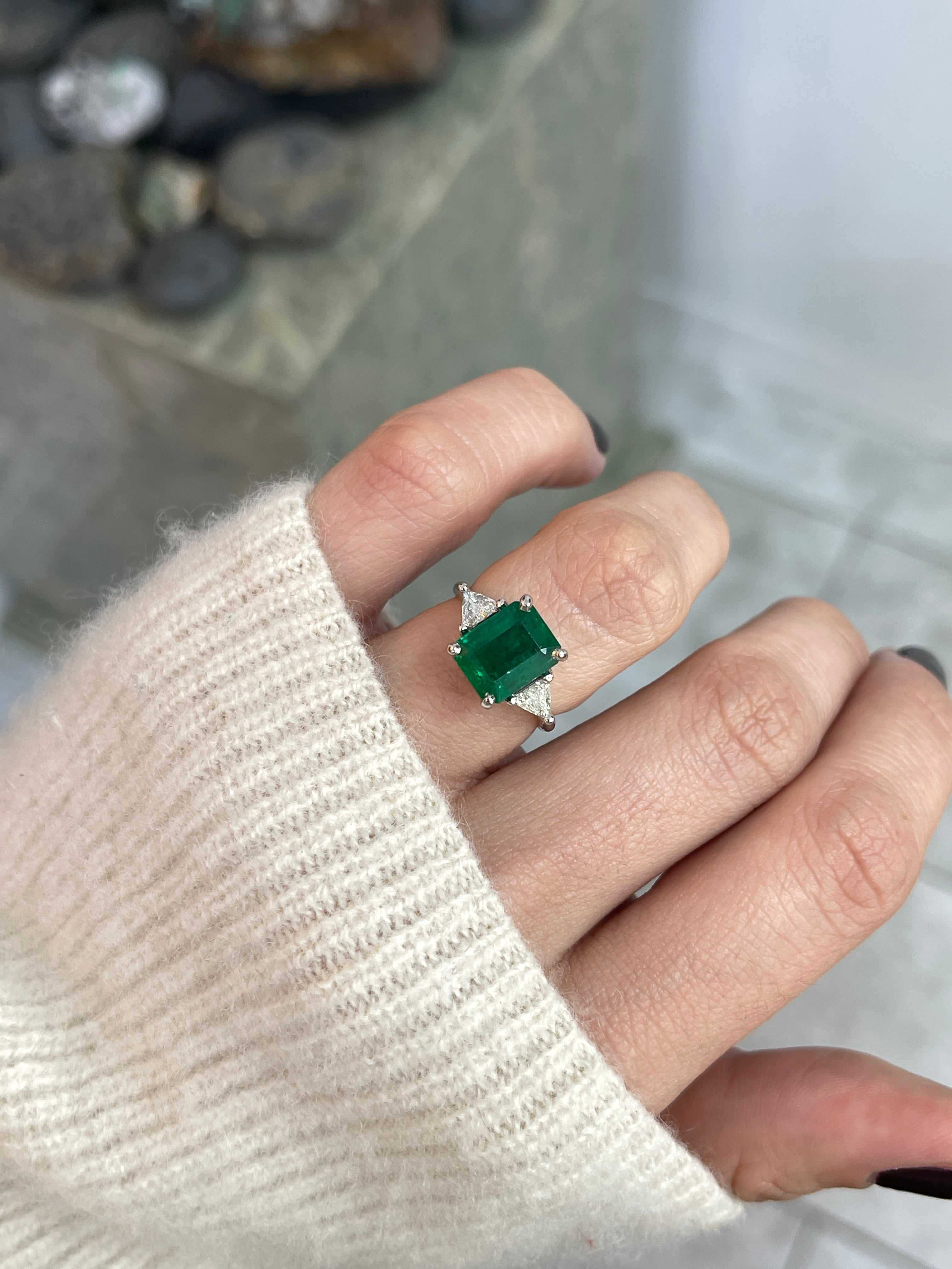 3.26tcw Natural Zambian Emerald Cut Ring With Trillion Diamonds 18K White Gold - JR Colombian Emeralds
