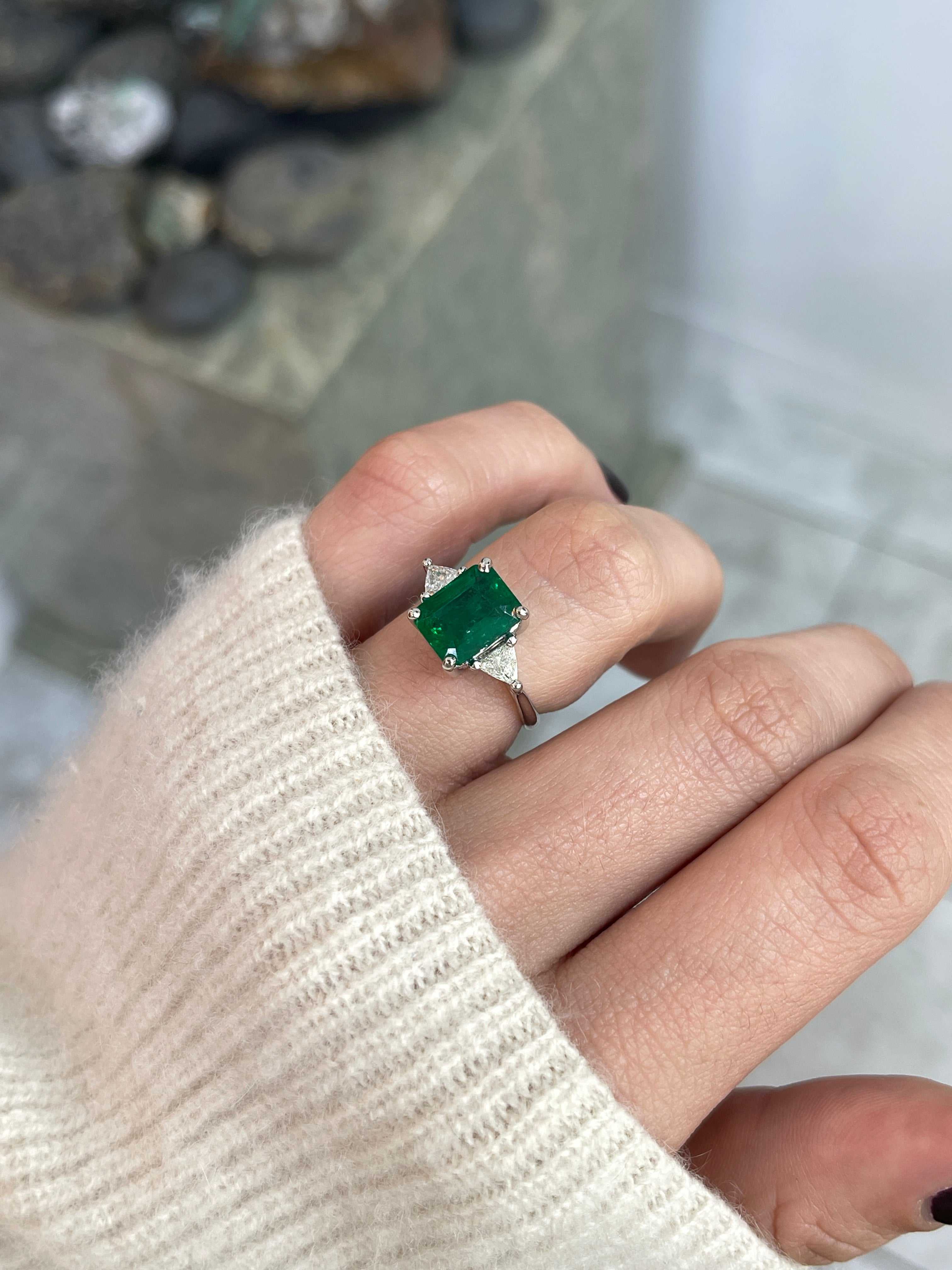 3.26tcw Natural Zambian Emerald Cut Ring With Trillion Diamonds 18K White Gold - JR Colombian Emeralds