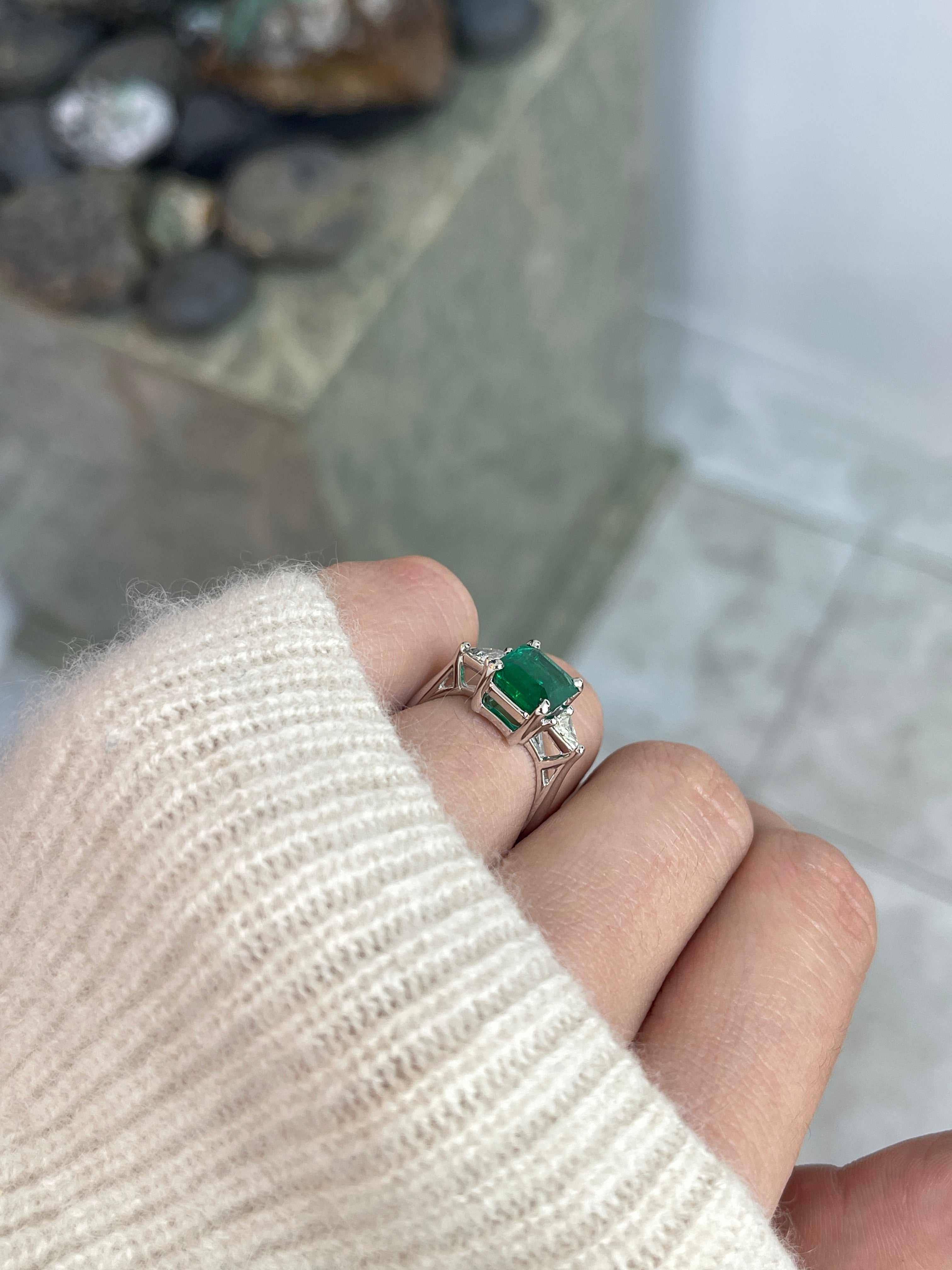 3.26tcw Natural Zambian Emerald Cut Ring With Trillion Diamonds 18K White Gold - JR Colombian Emeralds