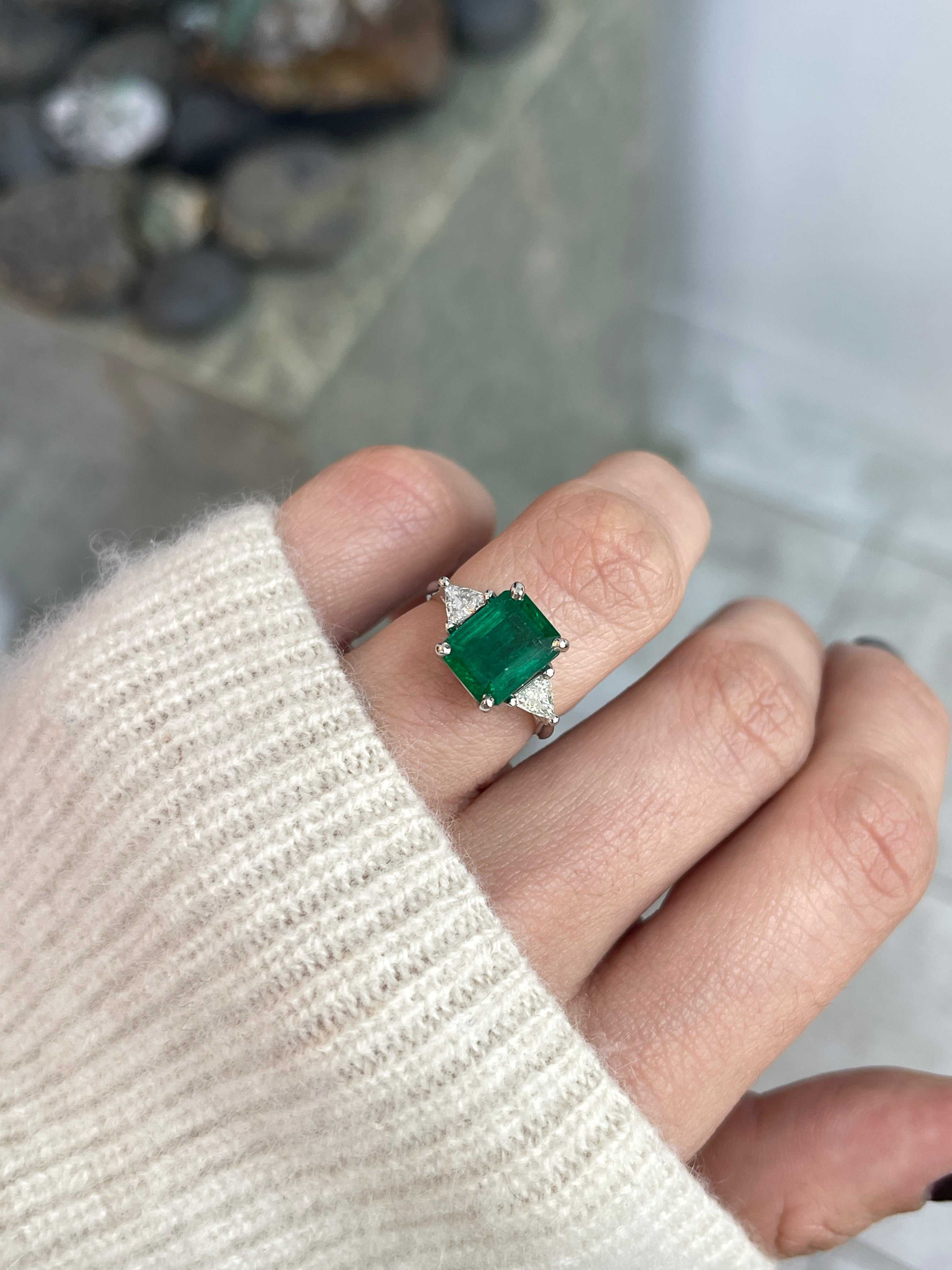 3.26tcw Natural Zambian Emerald Cut Ring With Trillion Diamonds 18K White Gold - JR Colombian Emeralds