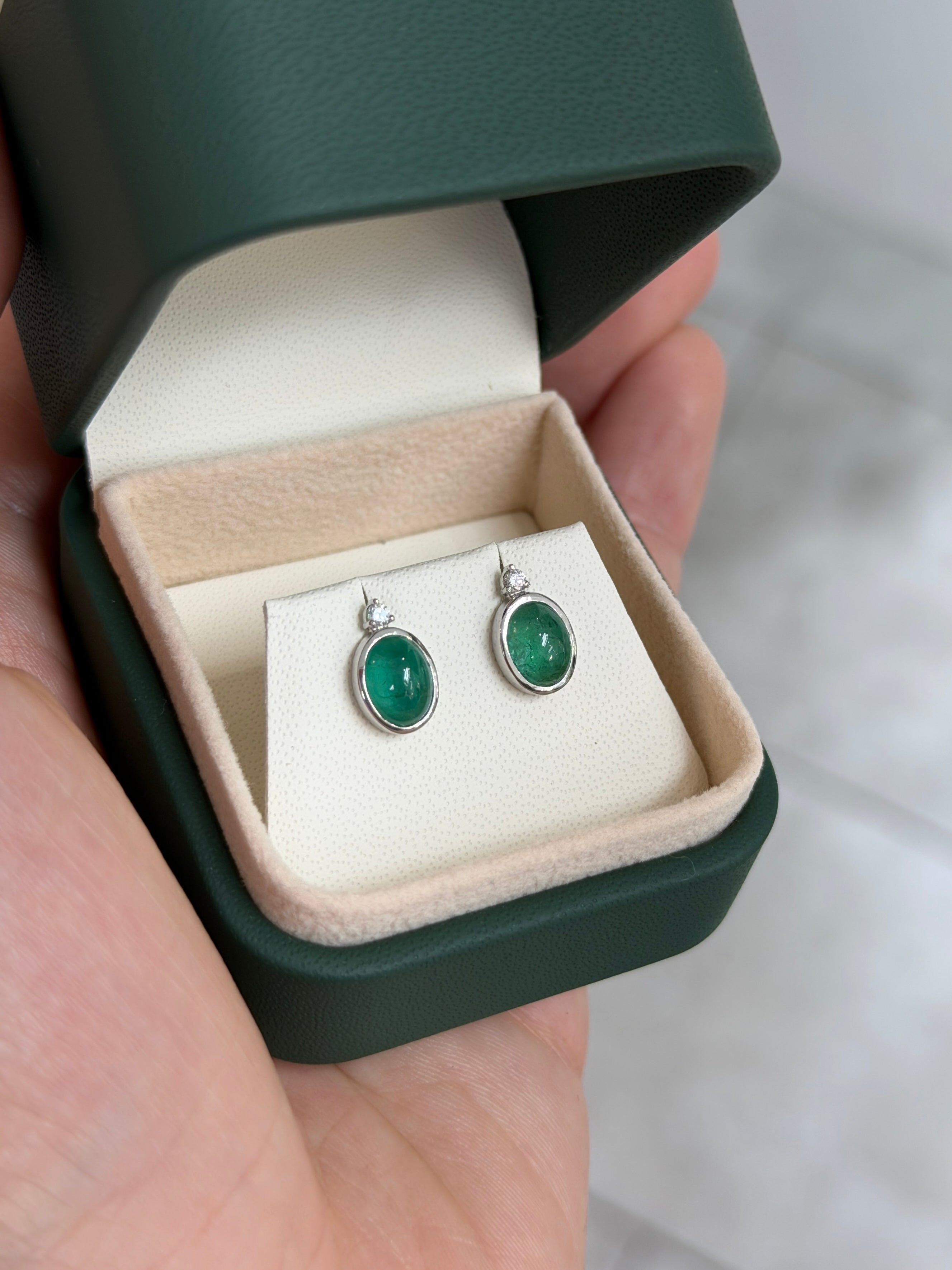 2.50tcw Oval Cabochon Bezel Studs with Diamond Accent 14K White Gold