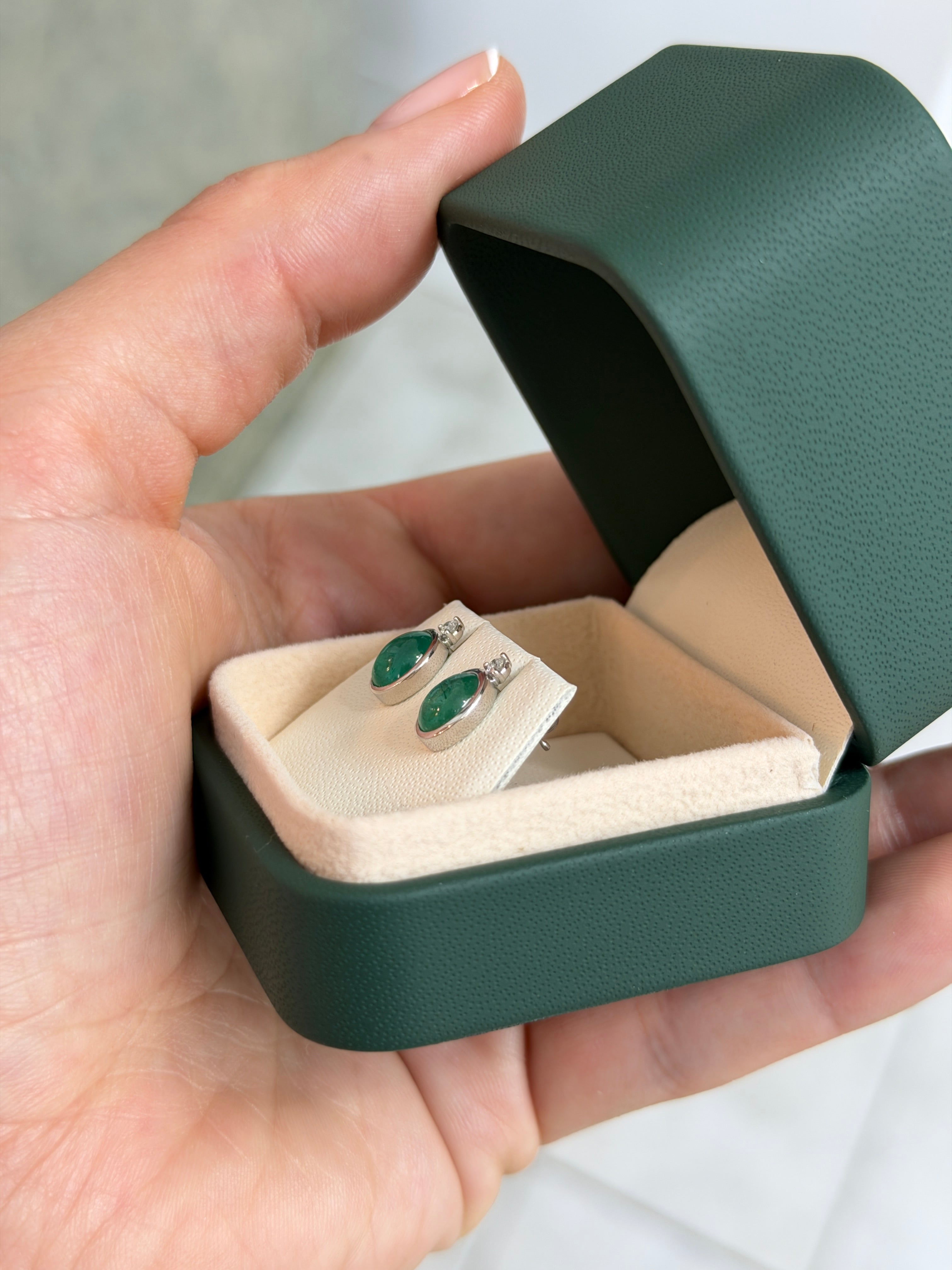 2.50tcw Oval Cabochon Bezel Studs with Diamond Accent 14K White Gold