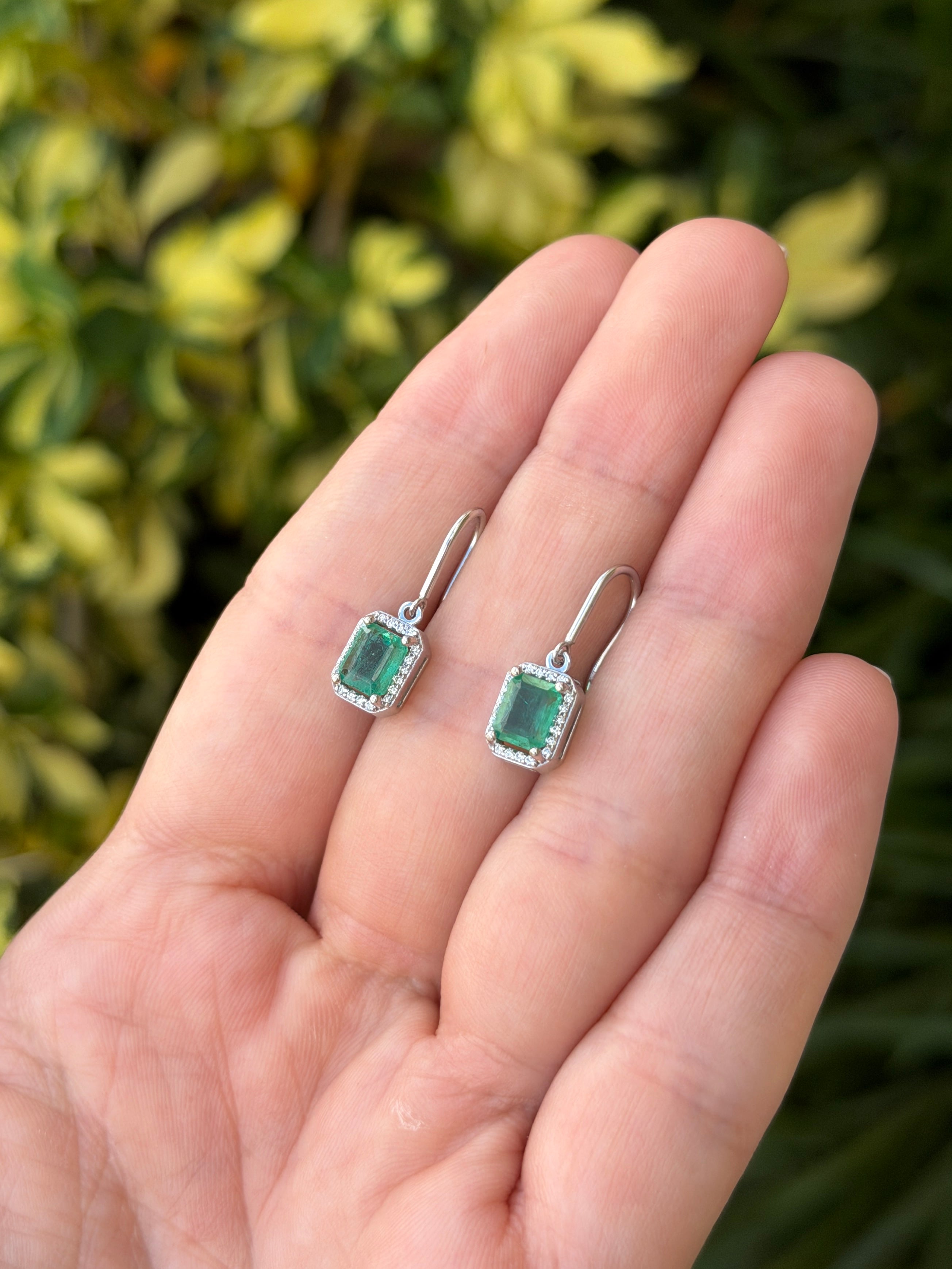 1.72tcw Natural Emerald Cut Emerald & Diamond Halo Hook Earrings 14K White Gold