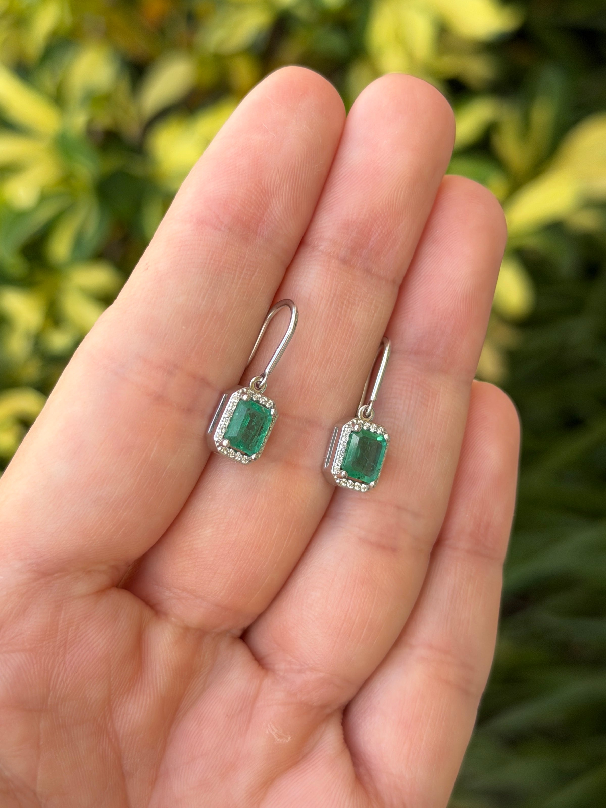 1.72tcw Natural Emerald Cut Emerald & Diamond Halo Hook Earrings 14K White Gold