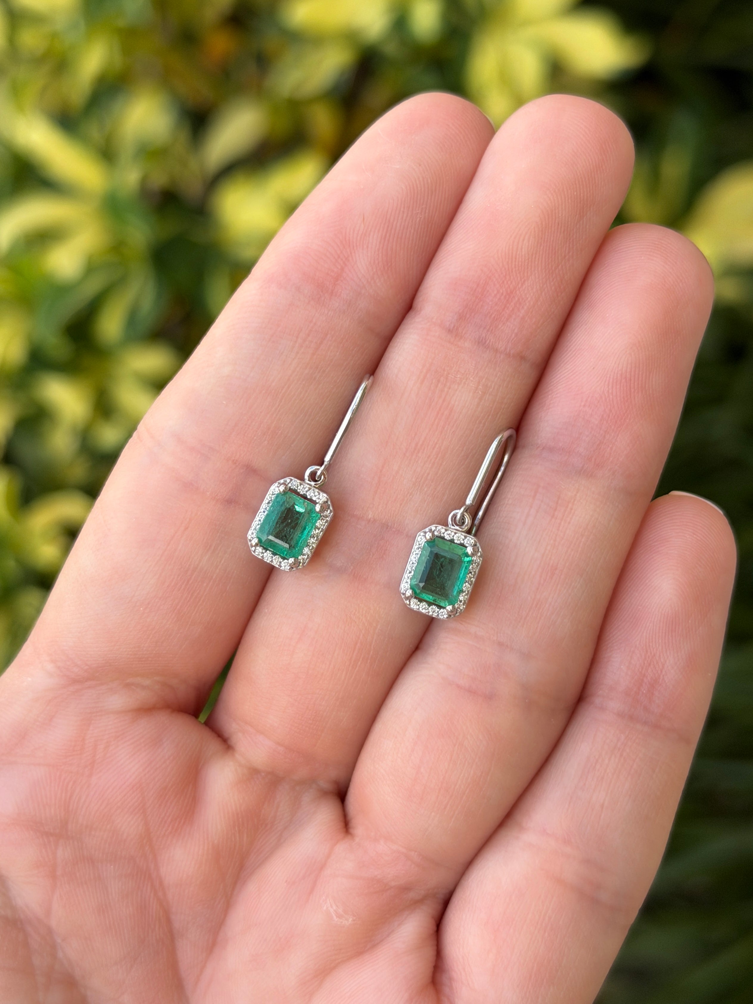 1.72tcw Natural Emerald Cut Emerald & Diamond Halo Hook Earrings 14K White Gold