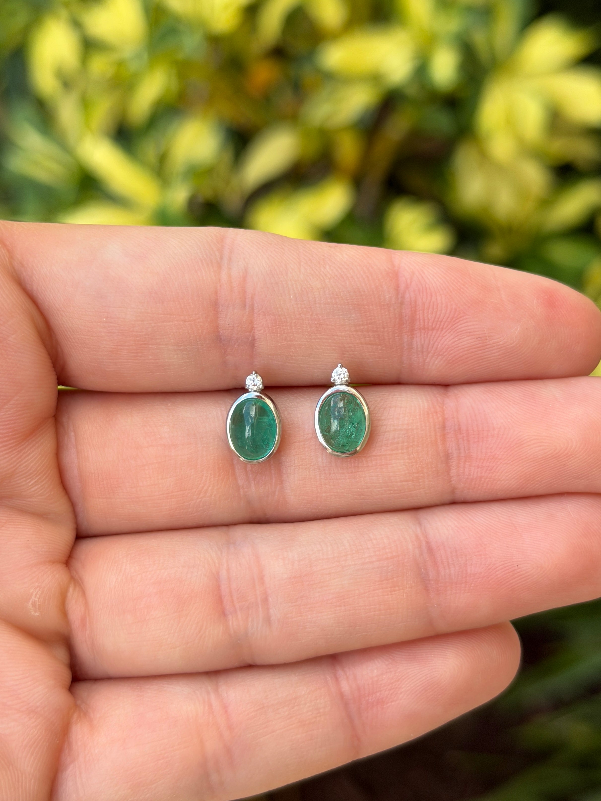 2.50tcw Oval Cabochon Bezel Studs with Diamond Accent 14K White Gold