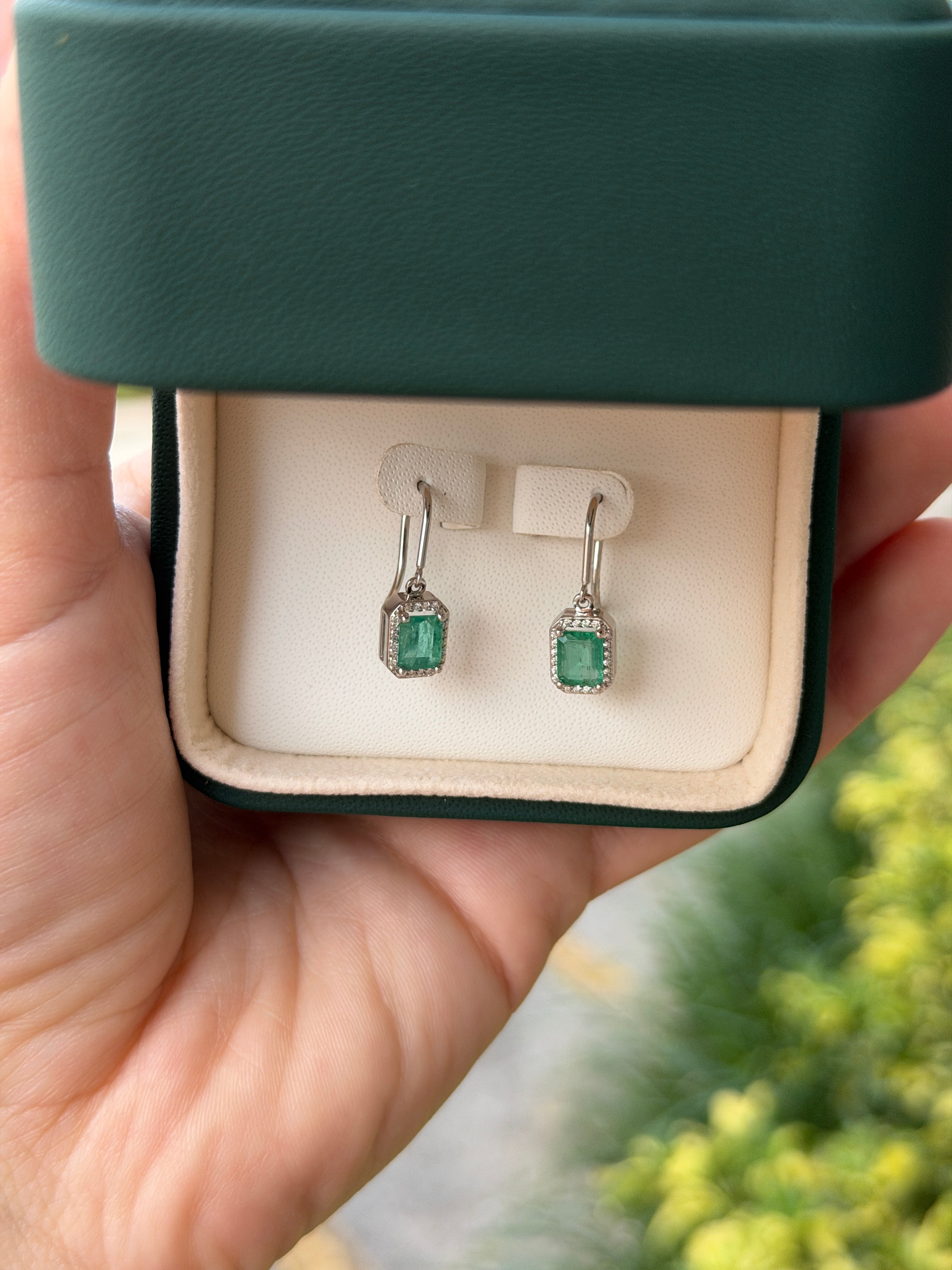 1.72tcw Natural Emerald Cut Emerald & Diamond Halo Hook Earrings 14K White Gold