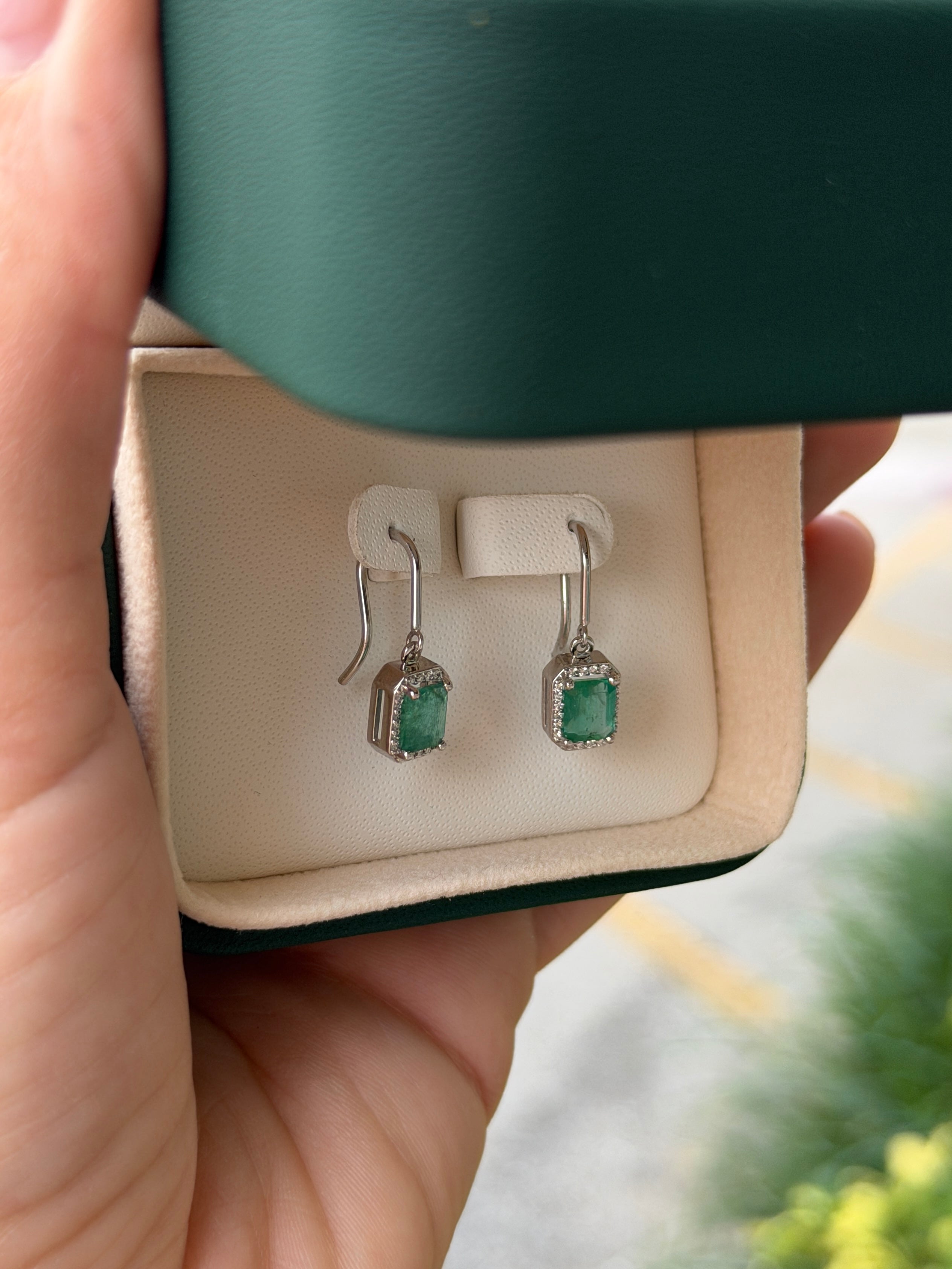 1.72tcw Natural Emerald Cut Emerald & Diamond Halo Hook Earrings 14K White Gold