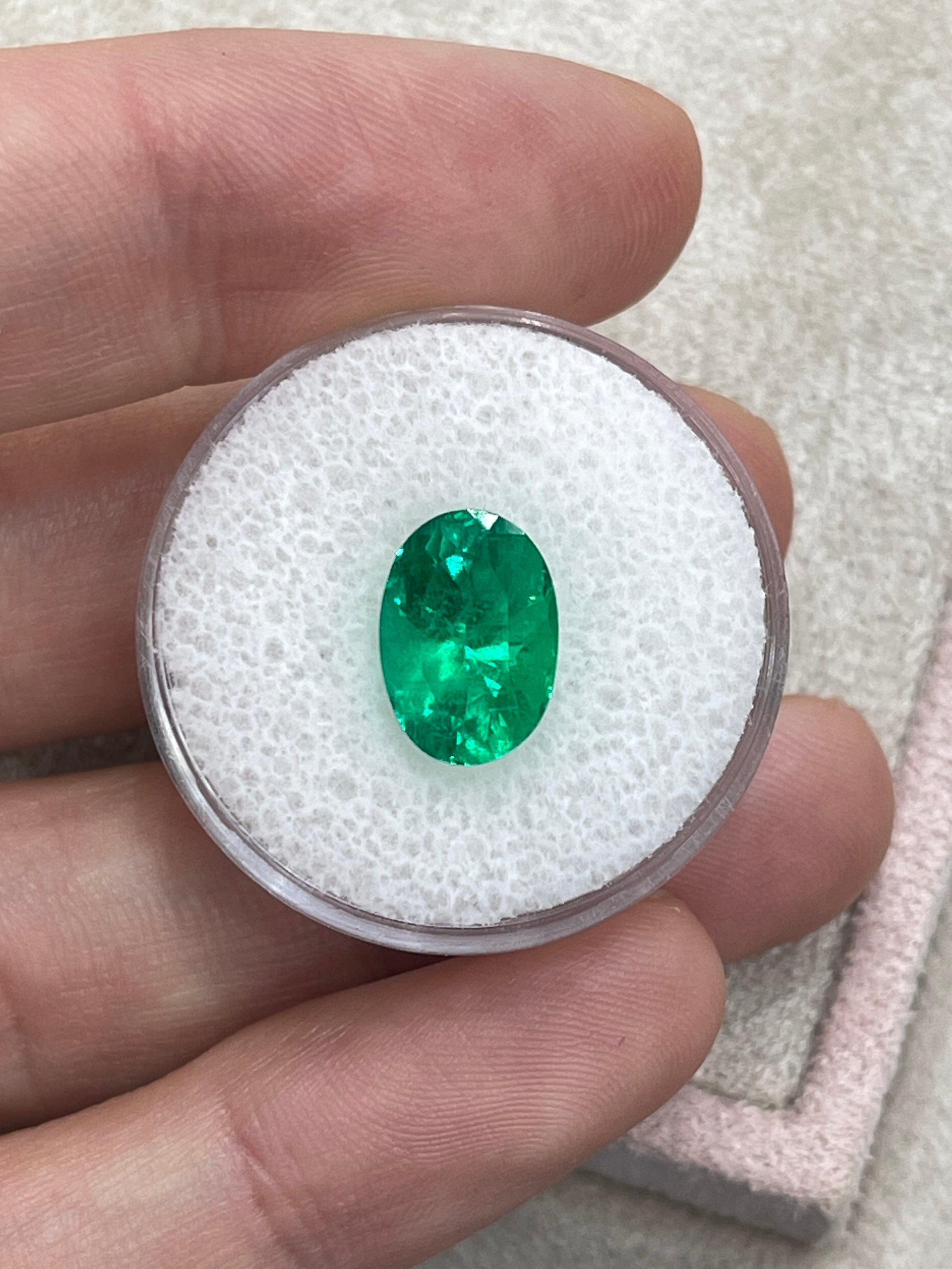 3.24 Carat AAA+ 11.4x8 Vivid Yellowish Green Oval Colombian Emerald
