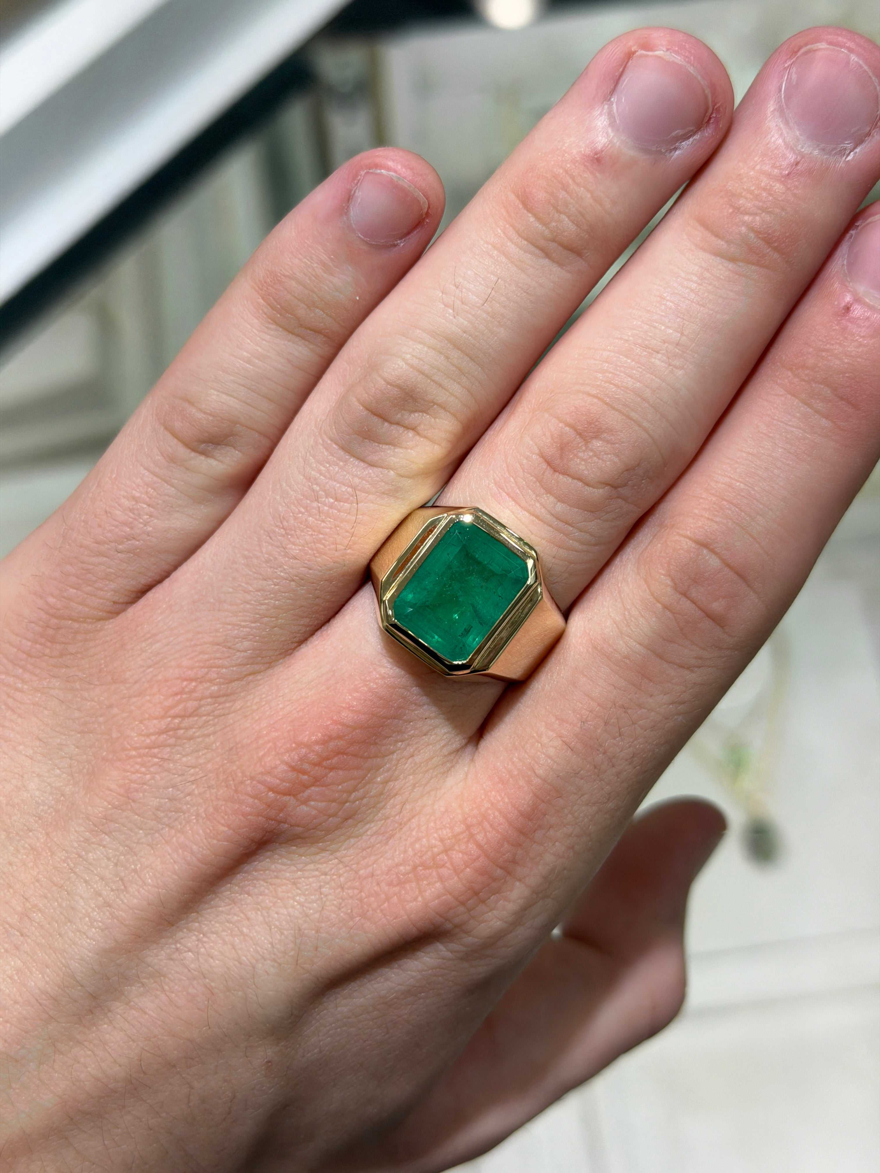 9.64ct 14K XL Bezel Set Emerald Cut Emerald Men's Signet Ring