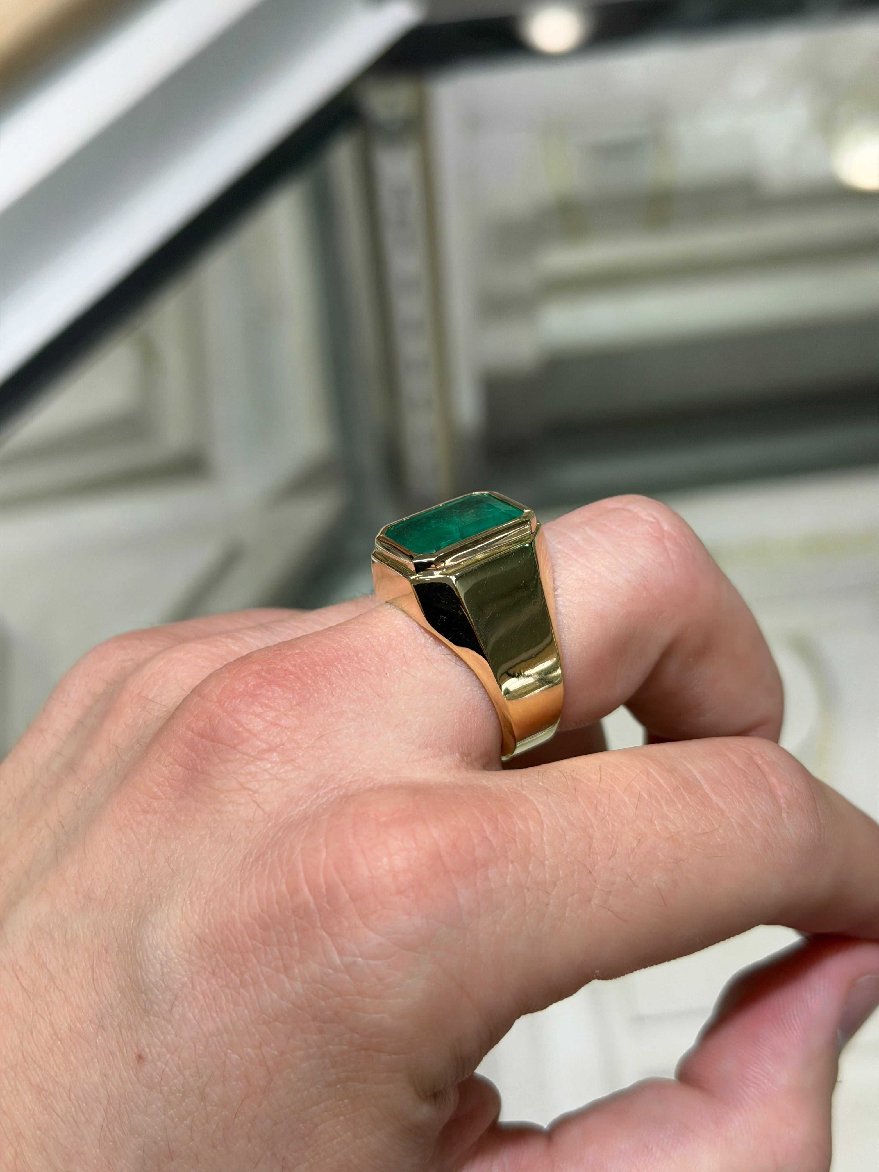 9.64ct 14K XL Bezel Set Emerald Cut Emerald Men's Signet Ring