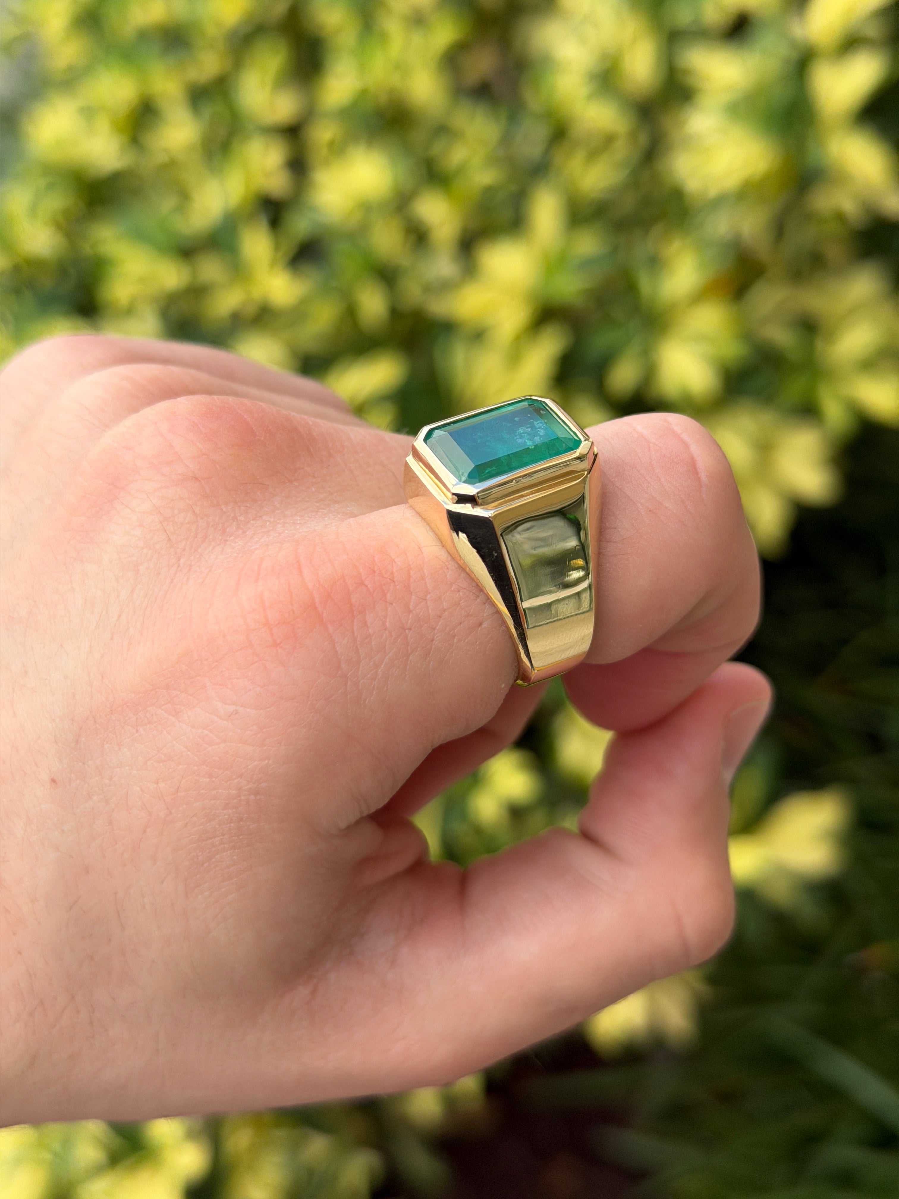 9.64ct 14K XL Bezel Set Emerald Cut Emerald Men's Signet Ring