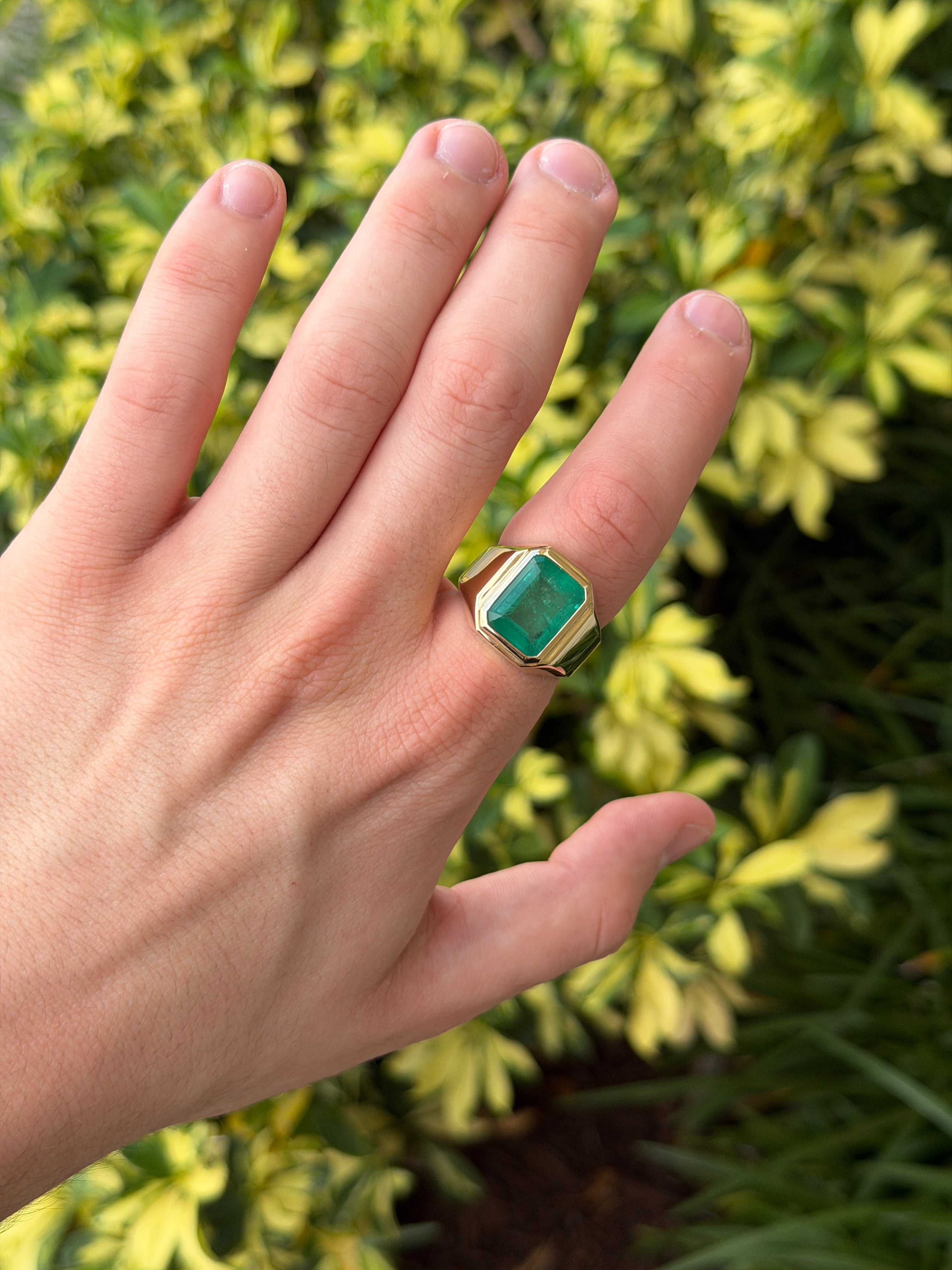 9.64ct 14K XL Bezel Set Emerald Cut Emerald Men's Signet Ring