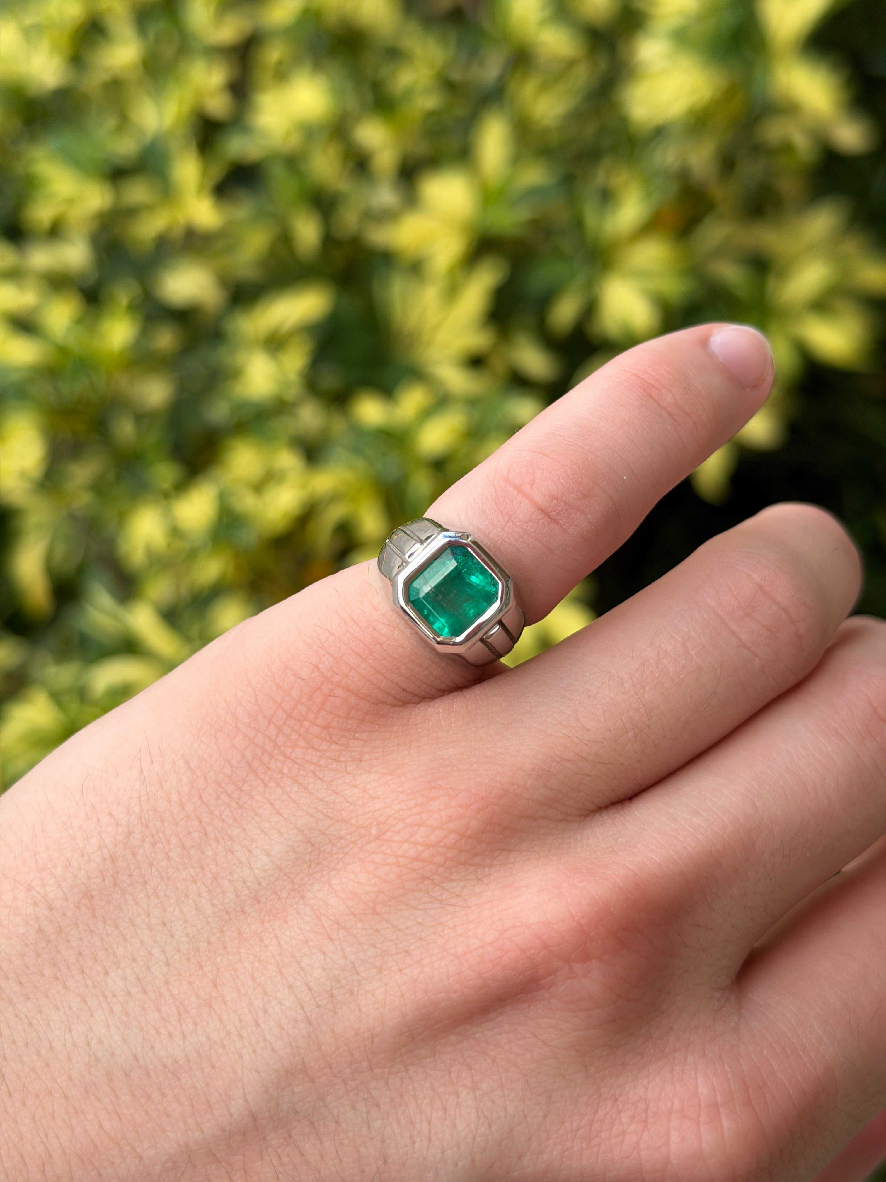 3.25ct Asscher Cut Colombian Emerald Solitaire Pinky Signet Ring 14K White Gold