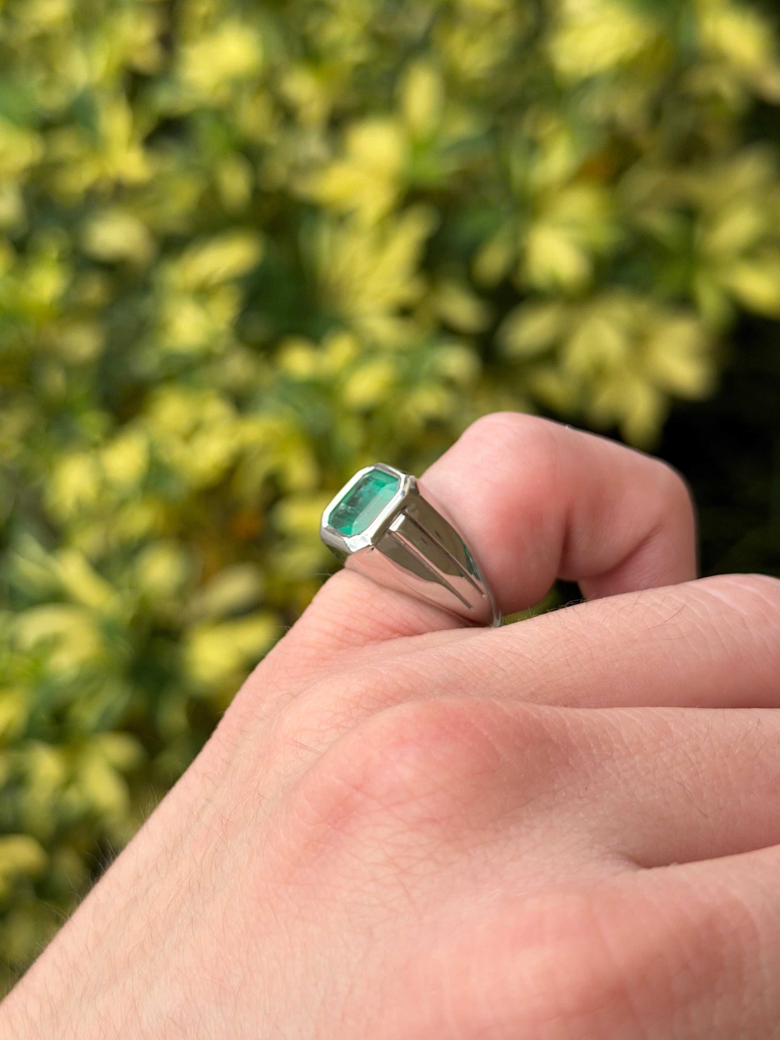 3.25ct Asscher Cut Colombian Emerald Solitaire Pinky Signet Ring 14K White Gold