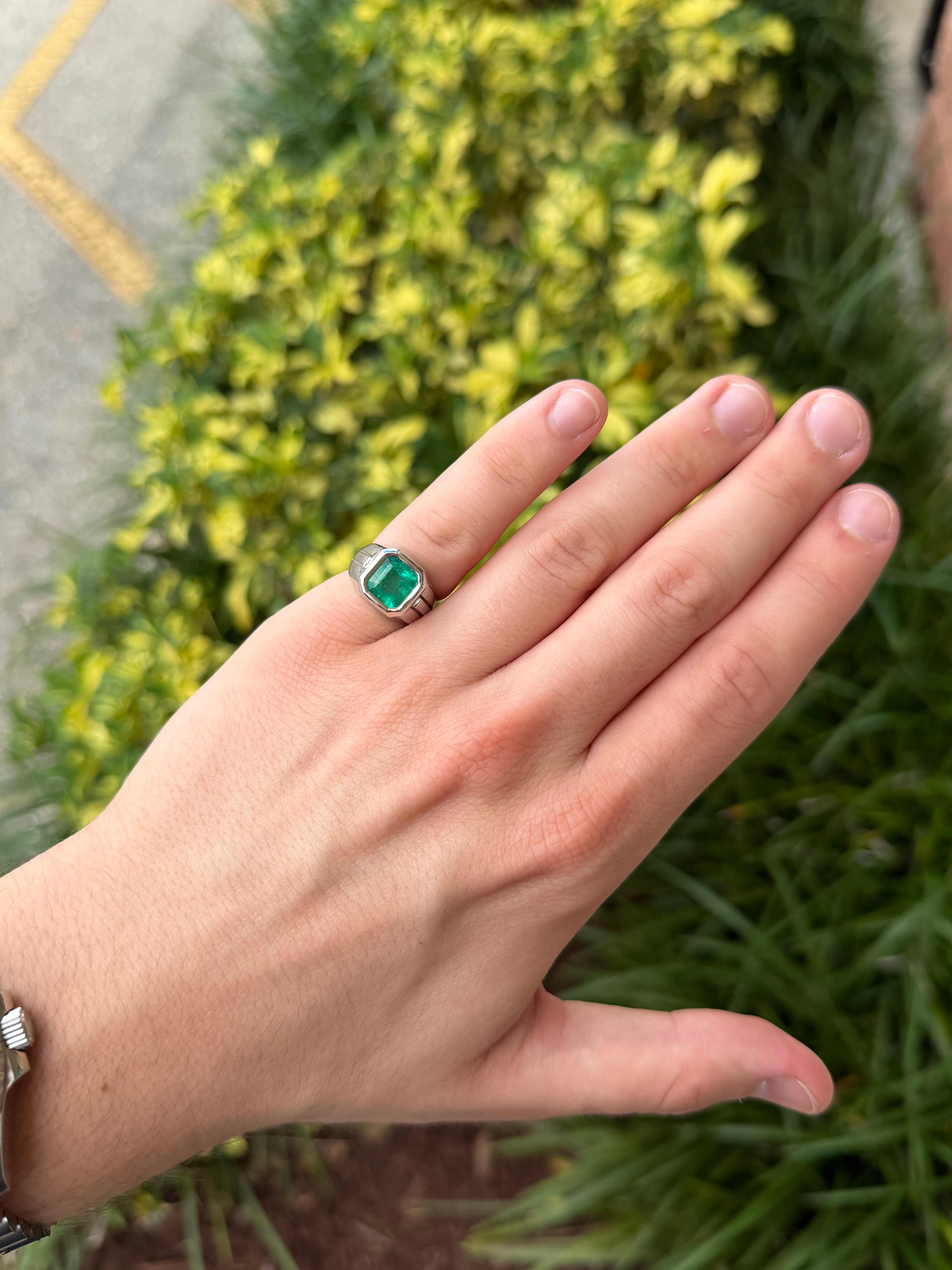 3.25ct Asscher Cut Colombian Emerald Solitaire Pinky Signet Ring 14K White Gold