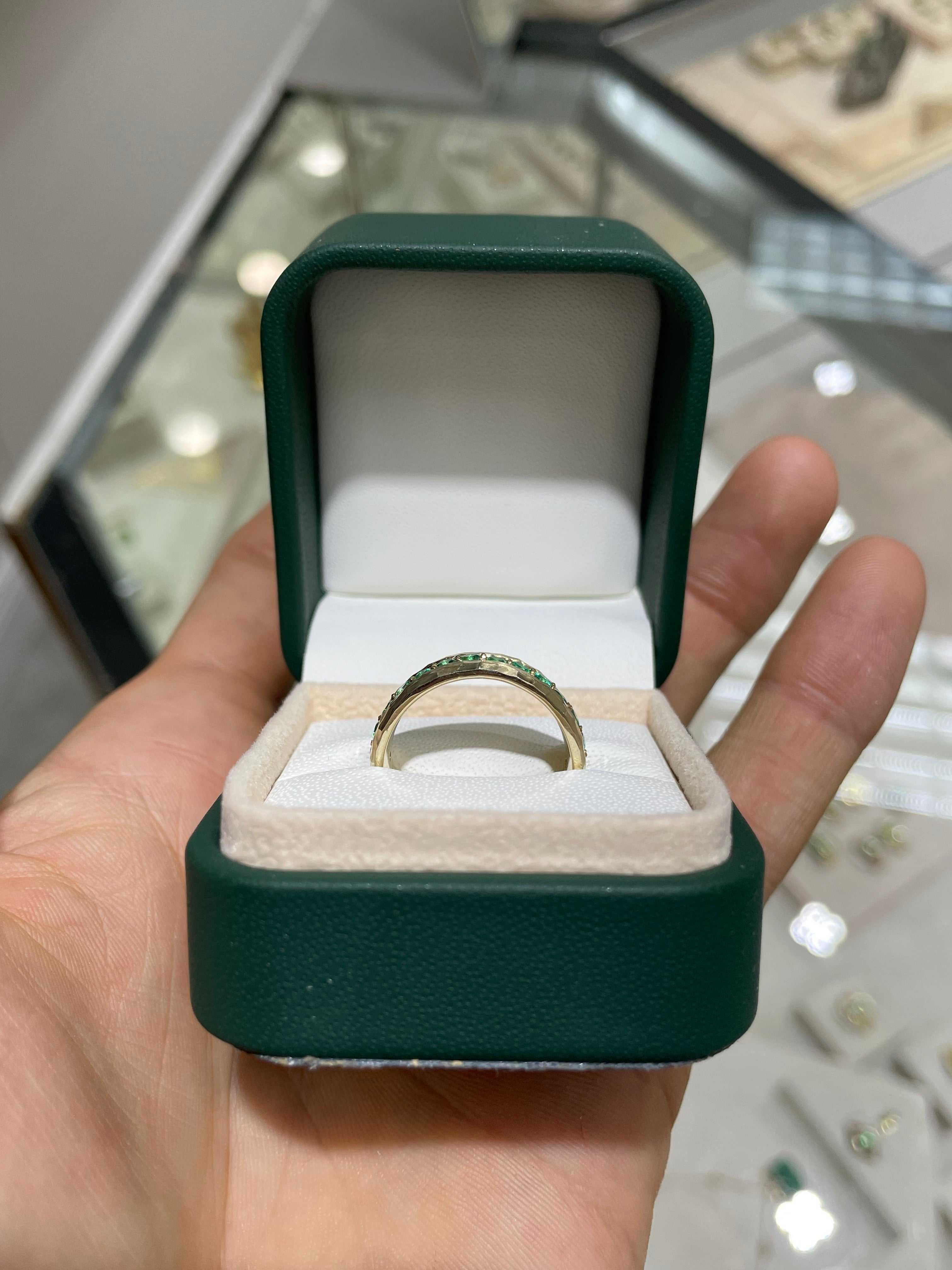 Custom 1.50tcw Colombian Emerald Wedding 8 MM Band 14K Hammer Finish