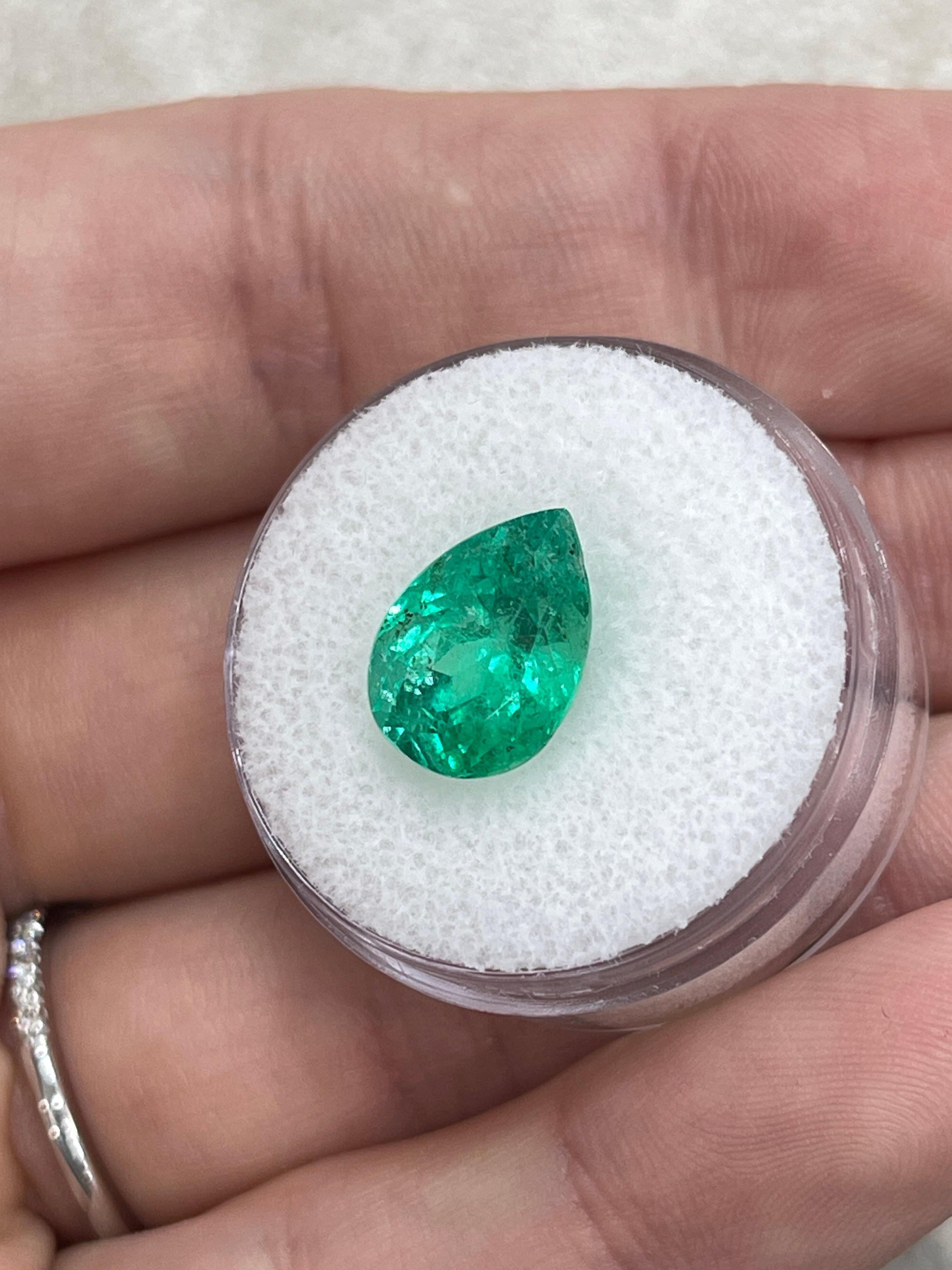 4.09 Carat 12x9 Freckled Bluish Green Pear Loose Colombian Emerald