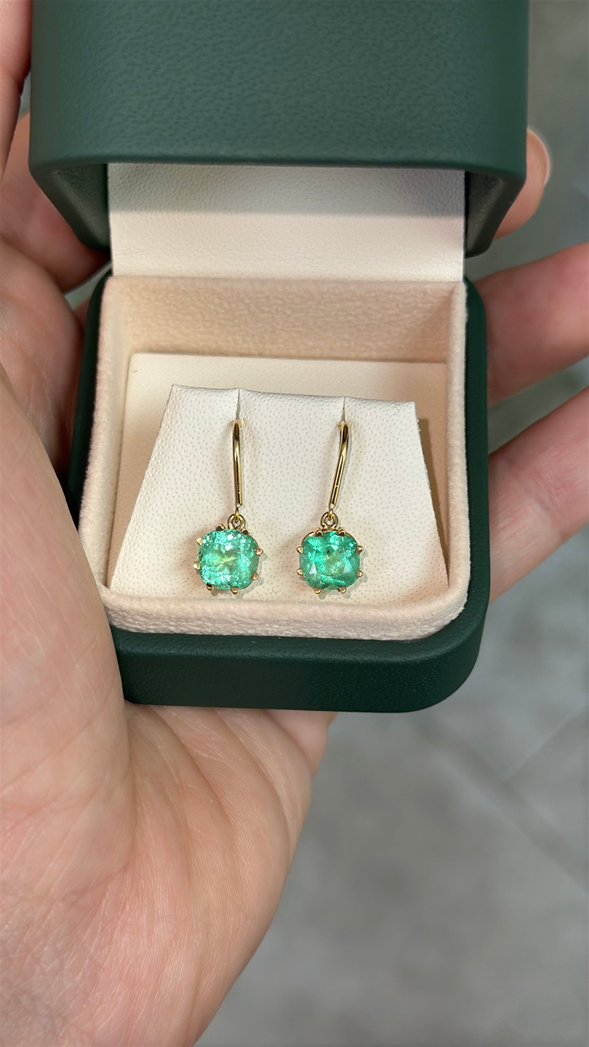 2.95tcw Multi Prong Colombian Emerald Cushion Cut French Hook Earrings