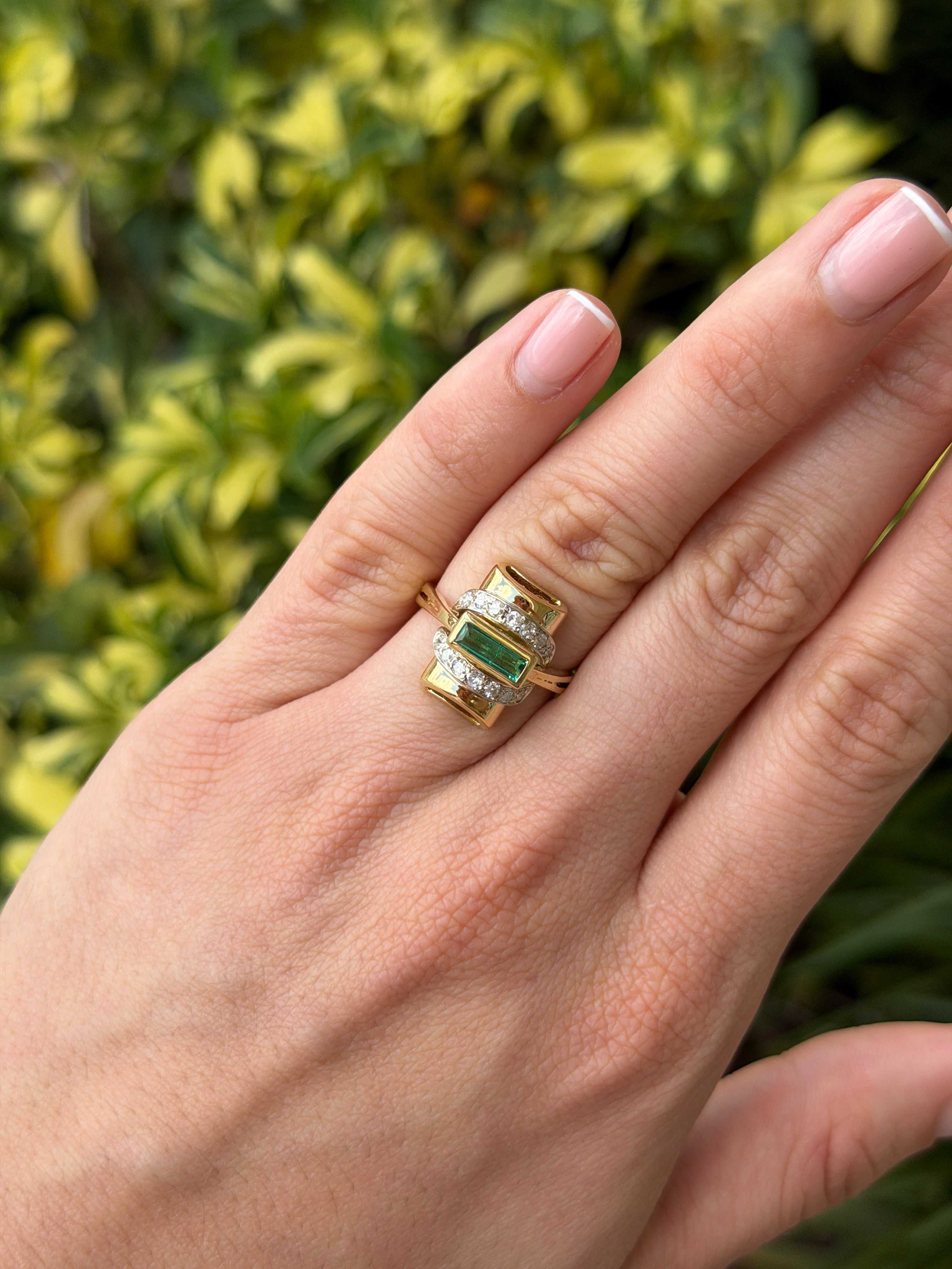 1.66tcw 18K Vintage Colombian Emerald Baguette & Diamond Accent Two Toned Statement Ring