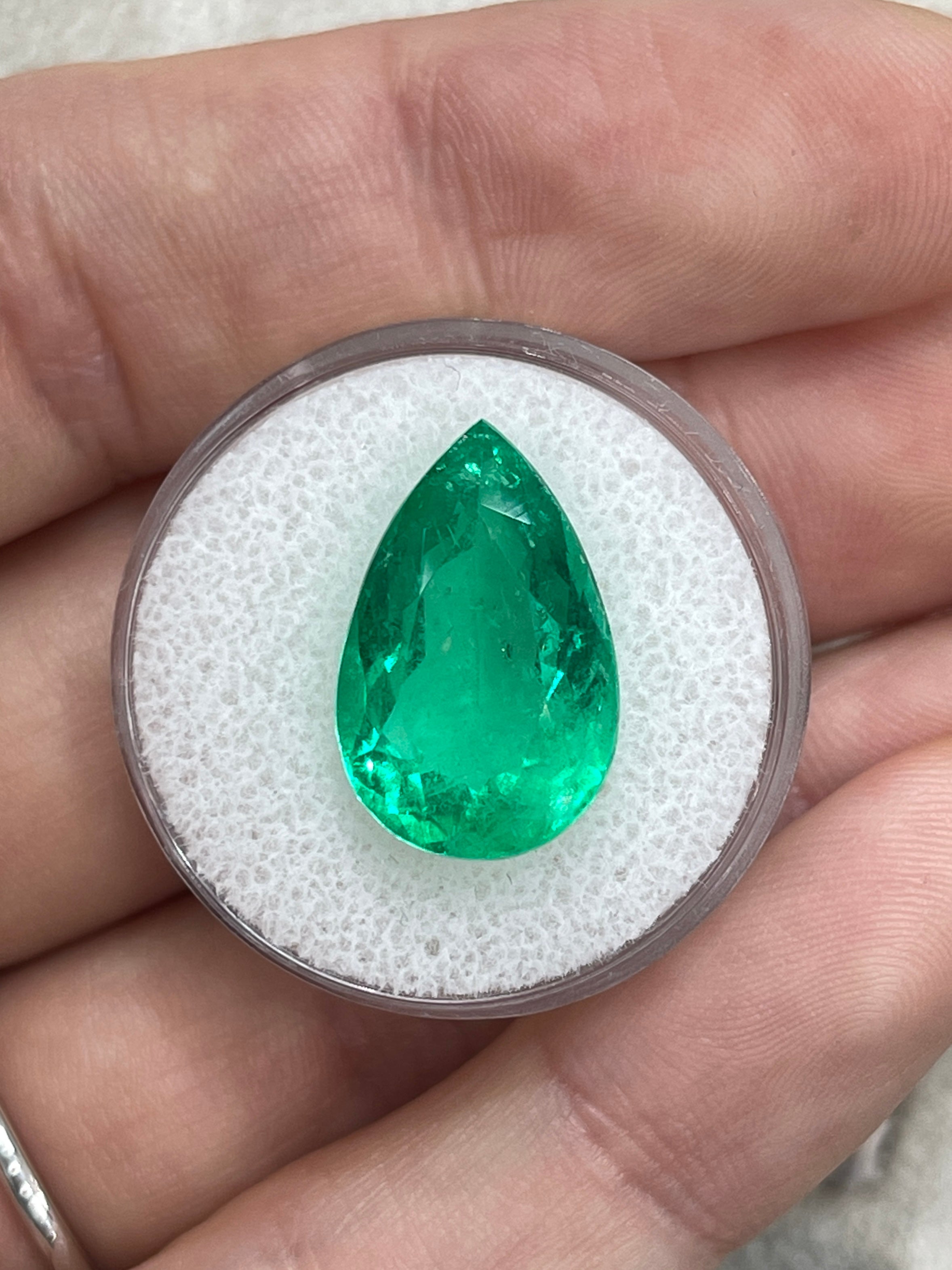 9.10 Carat 18x12 Yellowish Green Loose Teardrop Natural Colombian Emerald