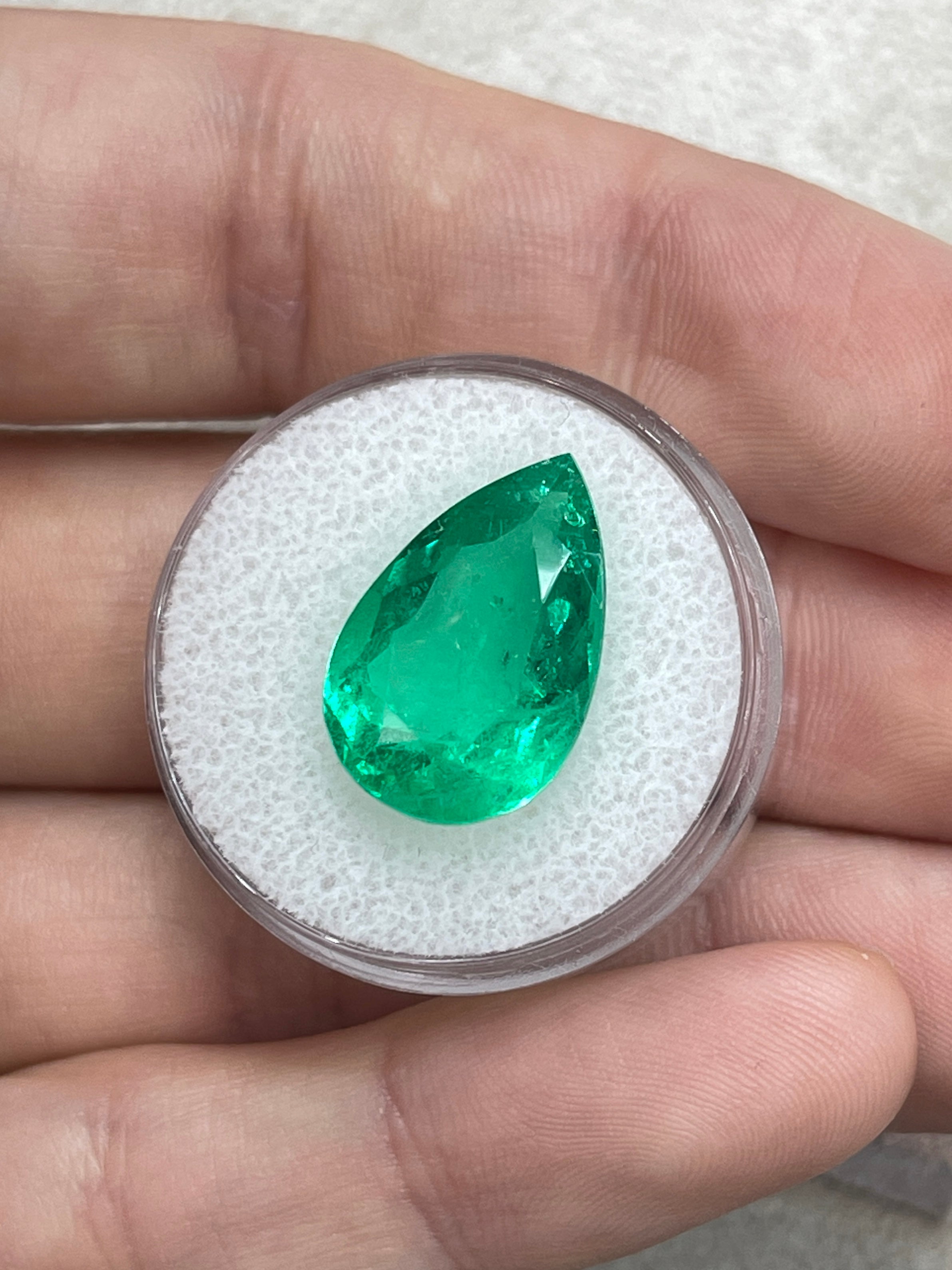 9.10 Carat 18x12 Yellowish Green Loose Teardrop Natural Colombian Emerald