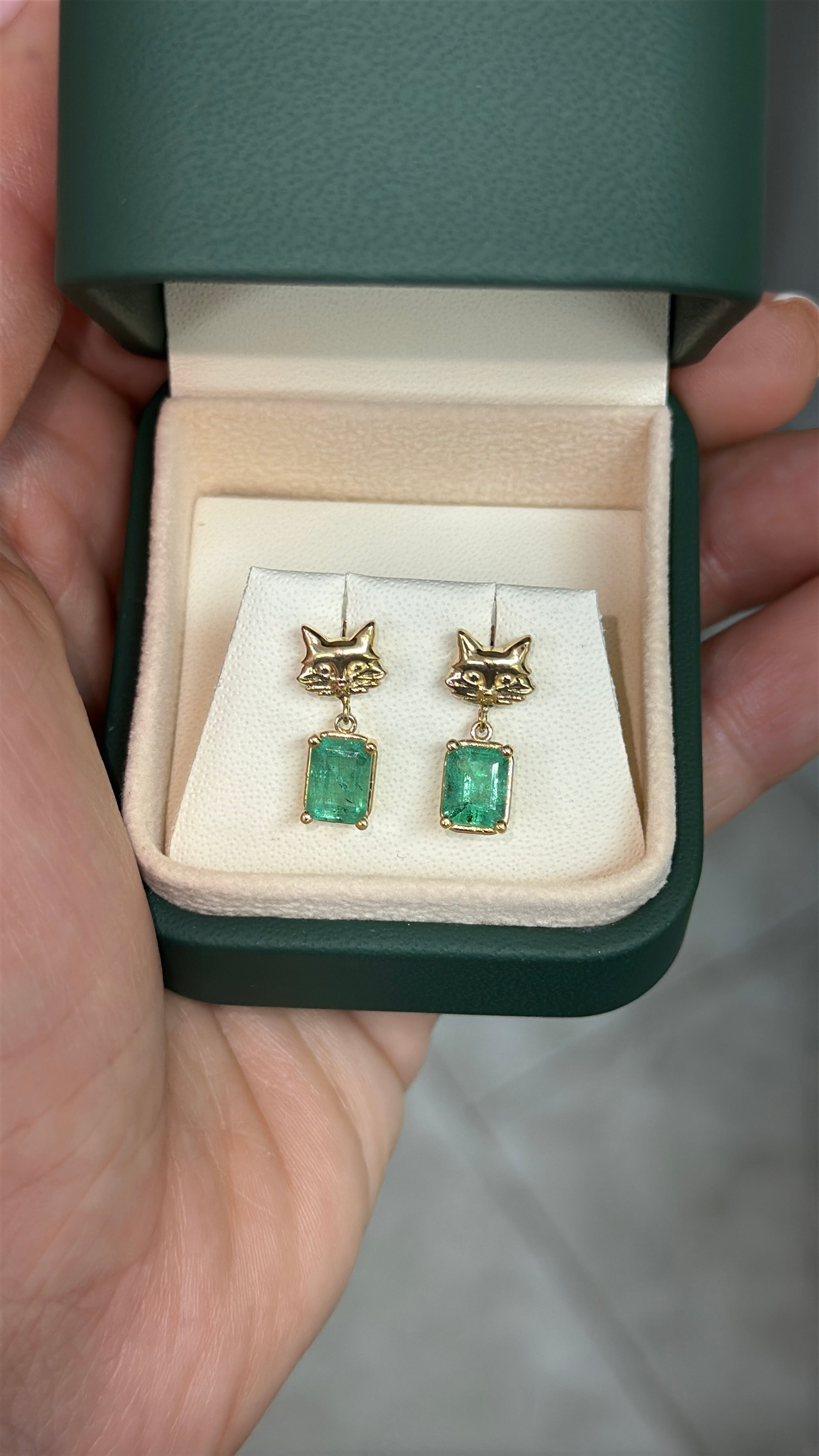 2.0tcw Crazy Cat Lady Drop & Dangle Emerald Earrings 14K