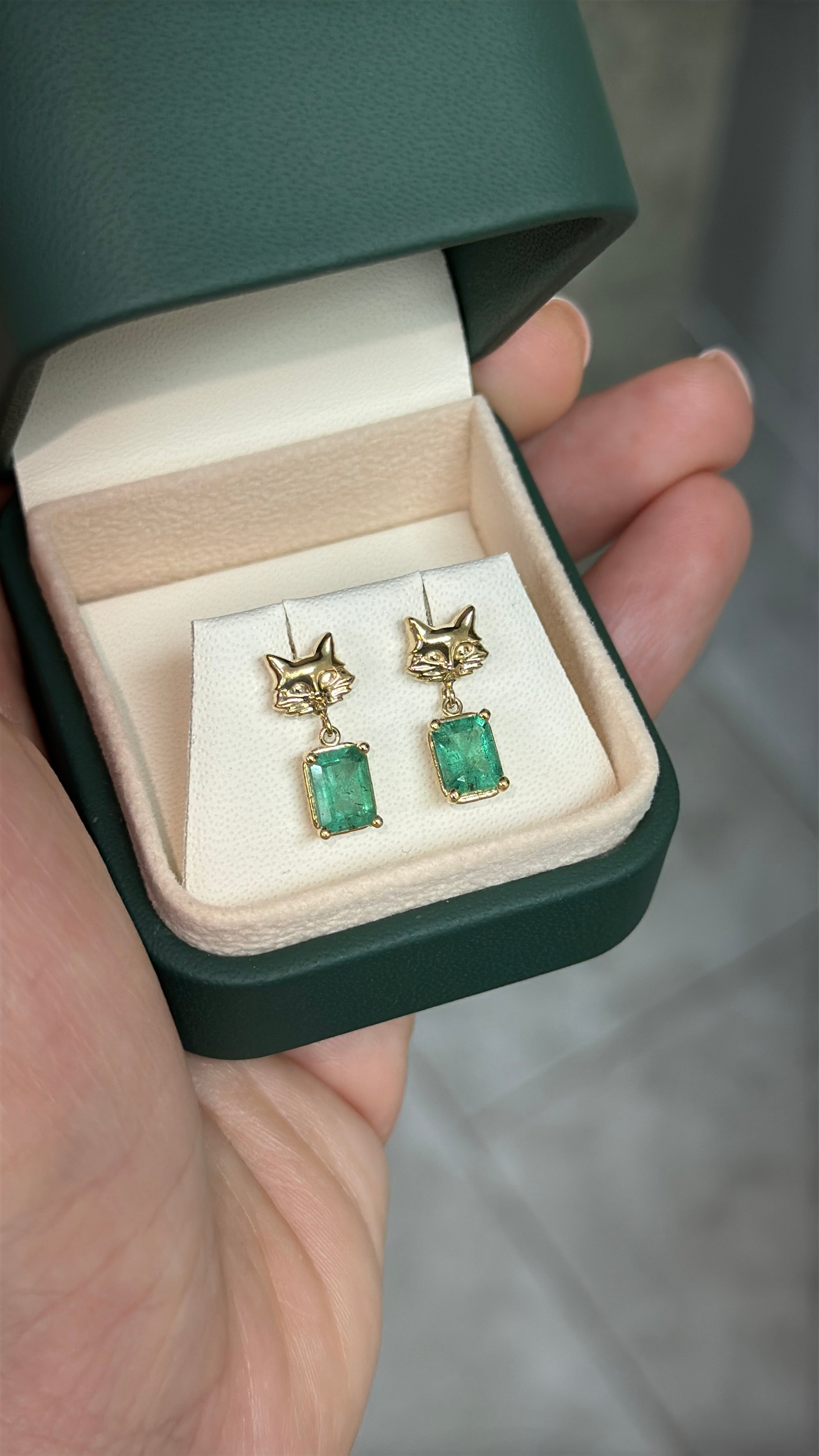 2.0tcw Crazy Cat Lady Drop & Dangle Emerald Earrings 14K