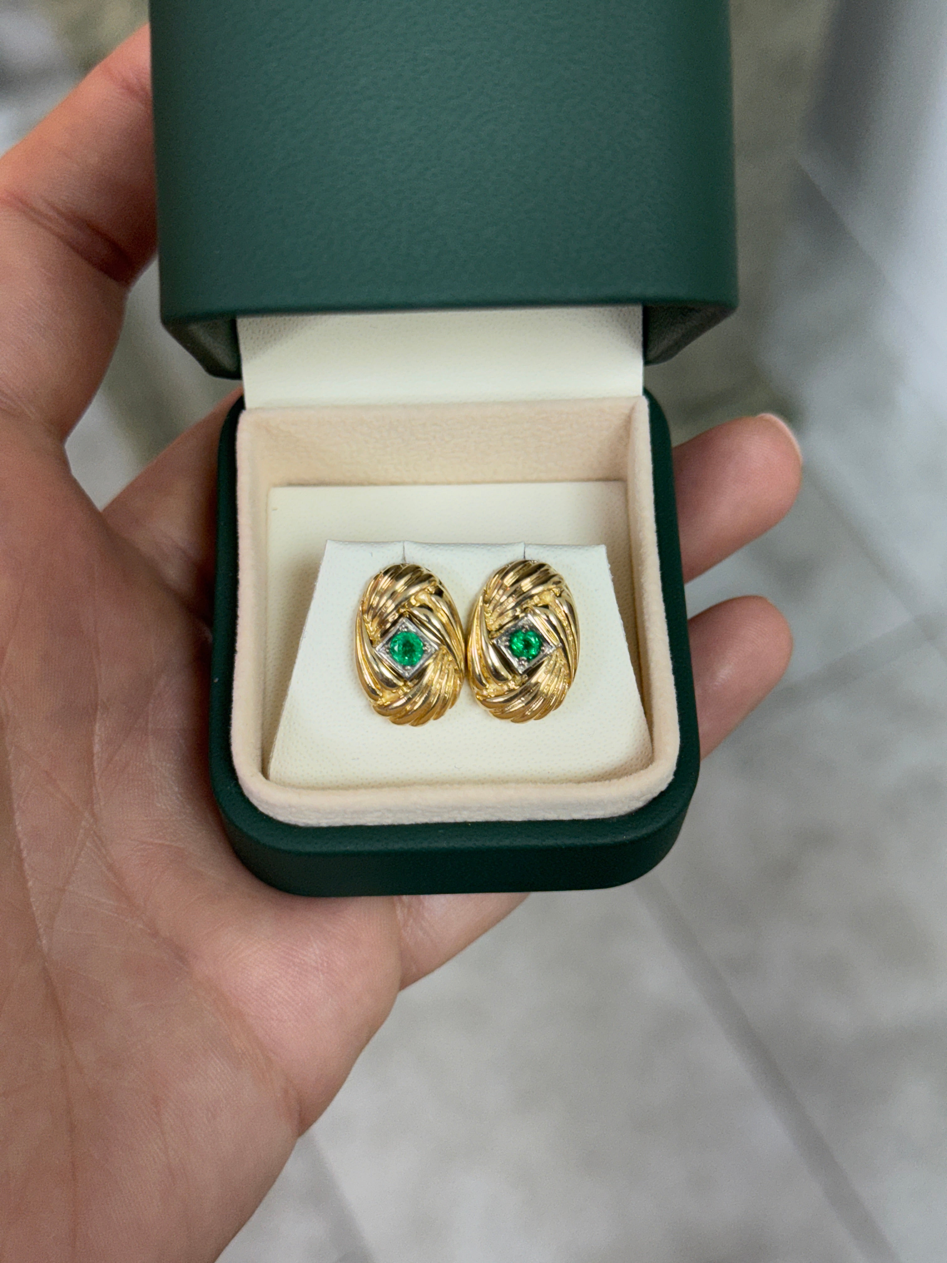 14K gold vintage Zambian emerald statement earrings with scroll and vortex design, 0.70tcw, by JR Colombian Emeralds.