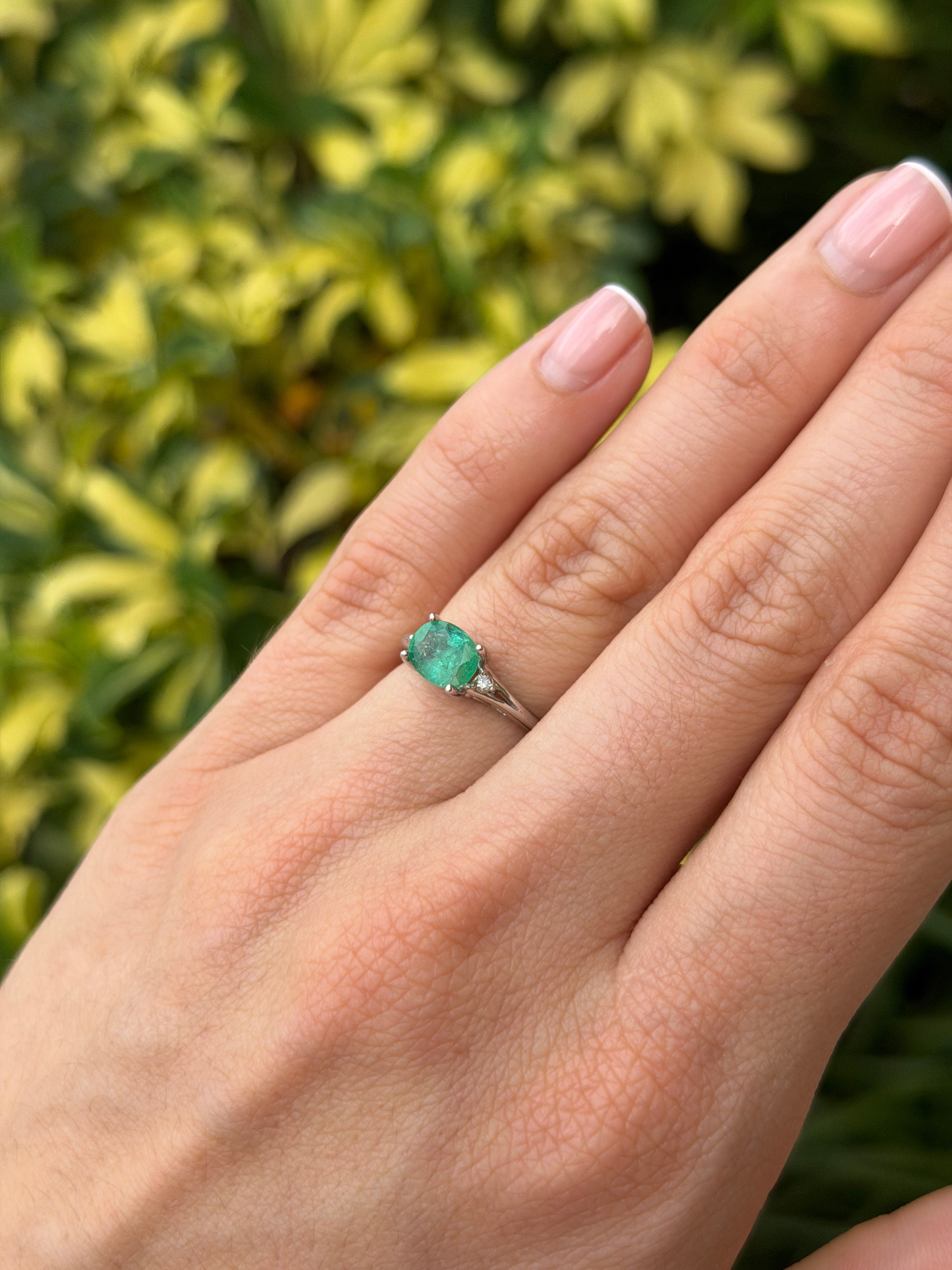 1.42tcw East to West Oval Emerald & Diamond Three Stone Ring 14K White