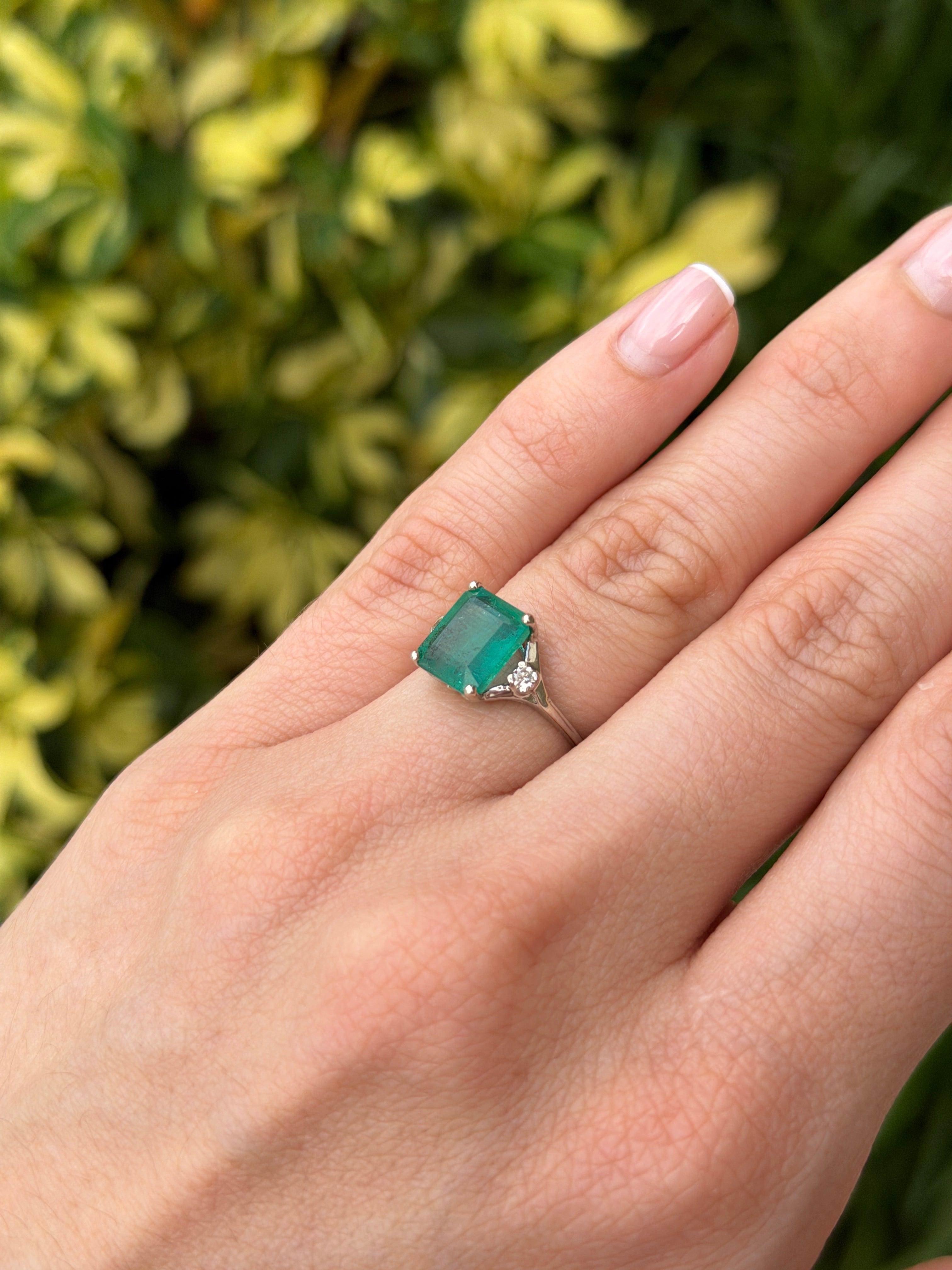 3.20tcw Natural Emerald & Diamond Three Stone Ring 14K White Gold