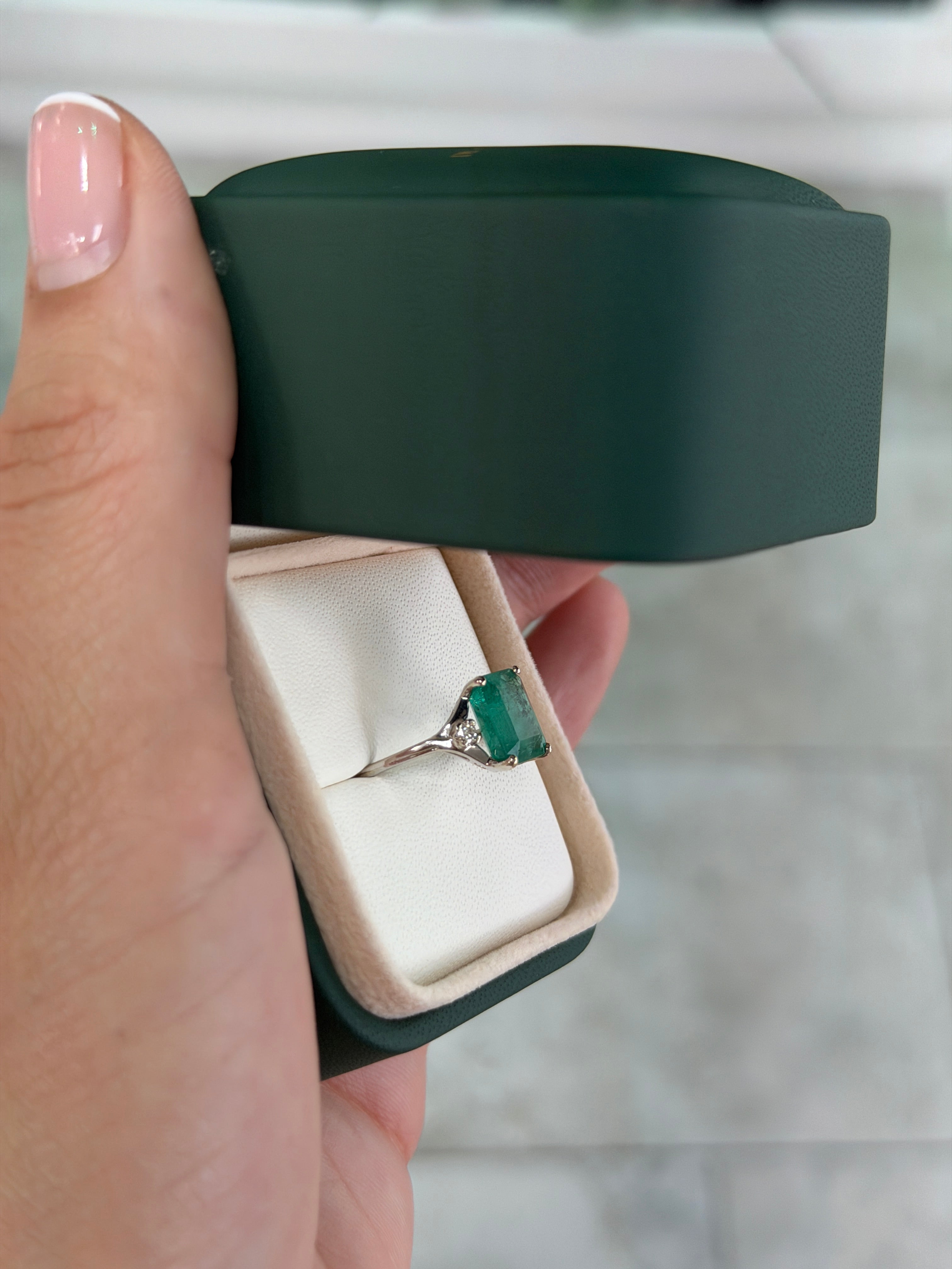 3.20tcw Natural Emerald & Diamond Three Stone Ring 14K White Gold