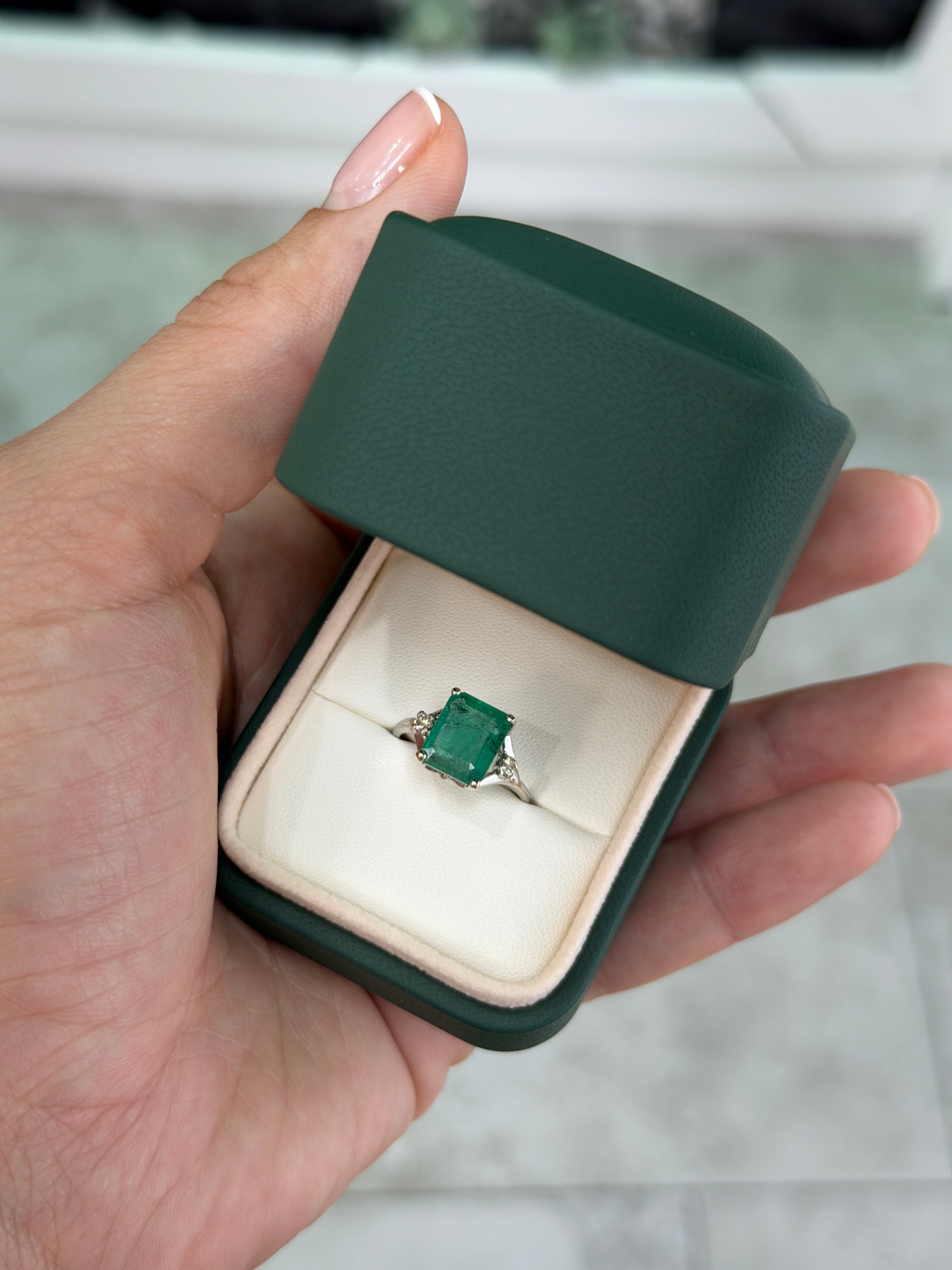 3.20tcw Natural Emerald & Diamond Three Stone Ring 14K White Gold