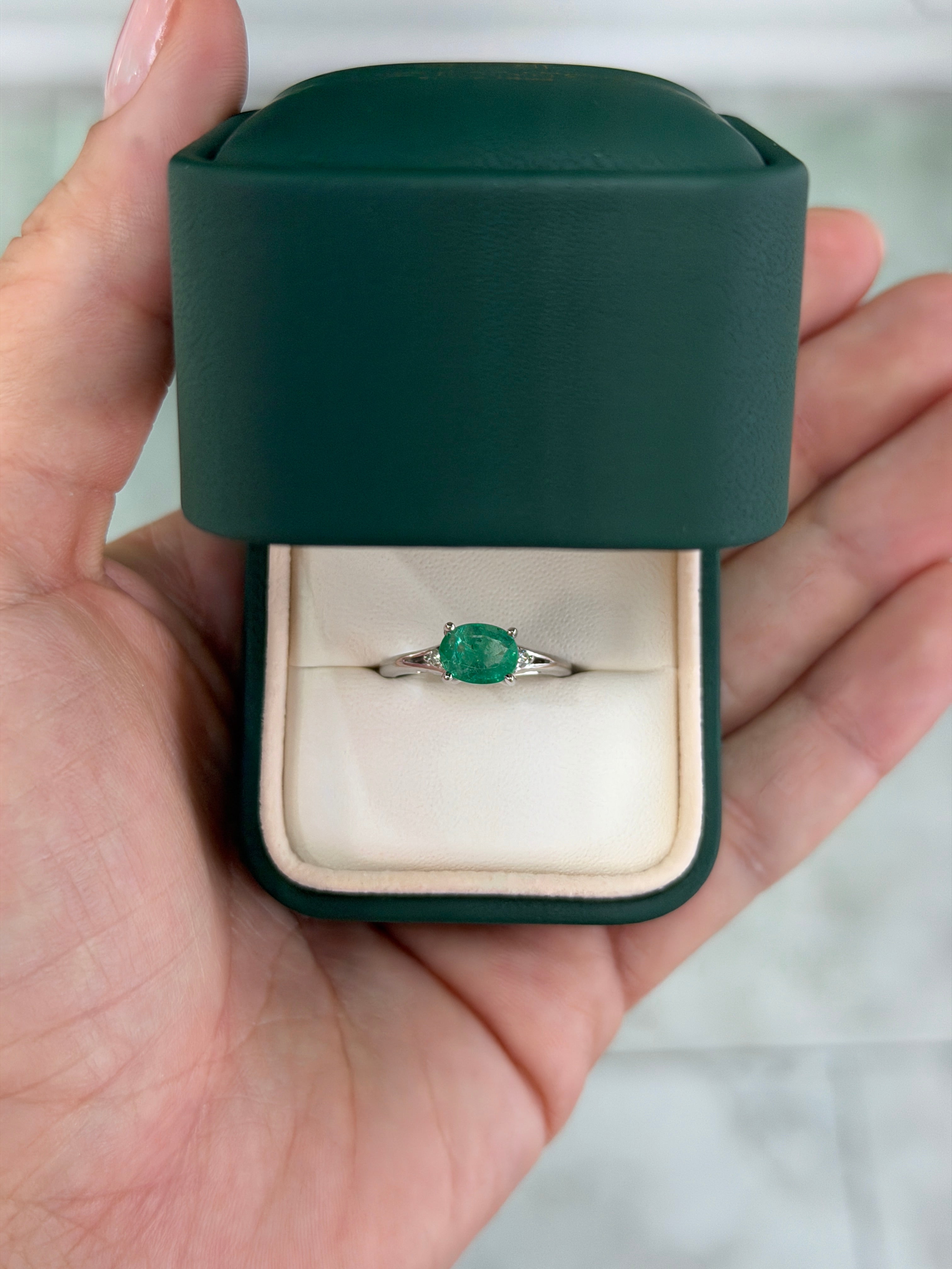 1.42tcw East to West Oval Emerald & Diamond Three Stone Ring 14K White