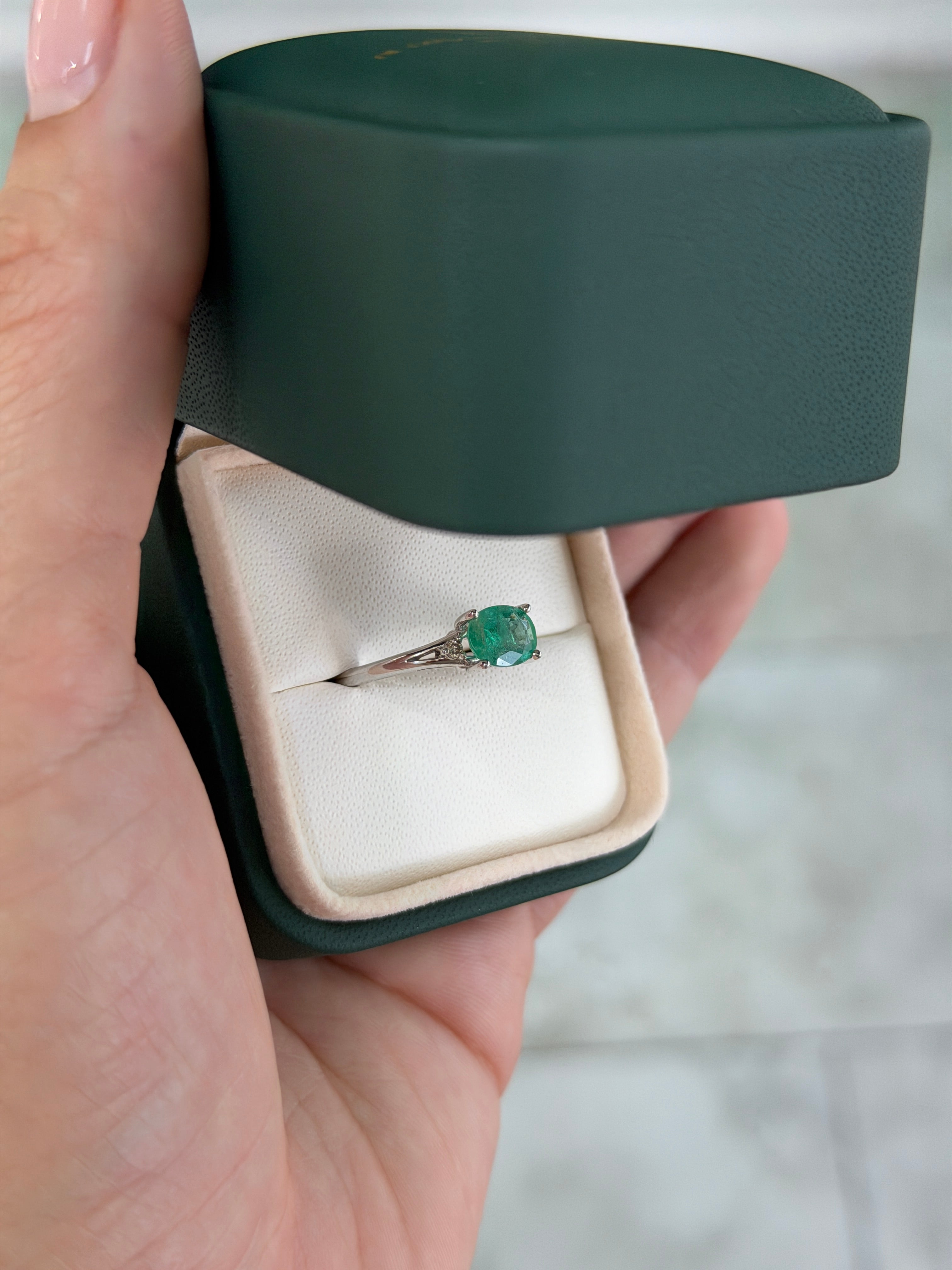 1.42tcw East to West Oval Emerald & Diamond Three Stone Ring 14K White