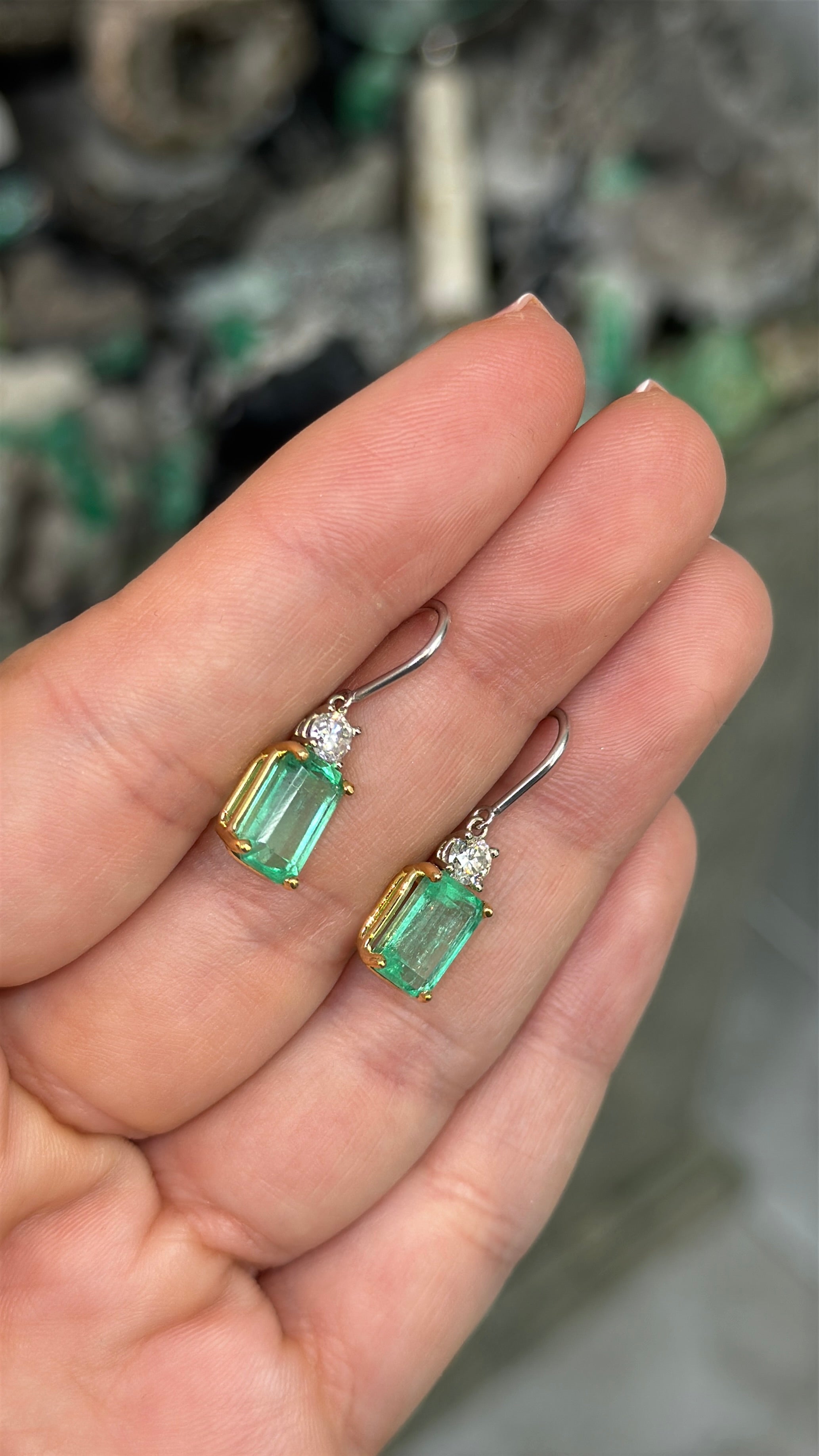 5.29tcw Colombian Emerald & Diamond Accent French Hook Earrings 18K Two Toned