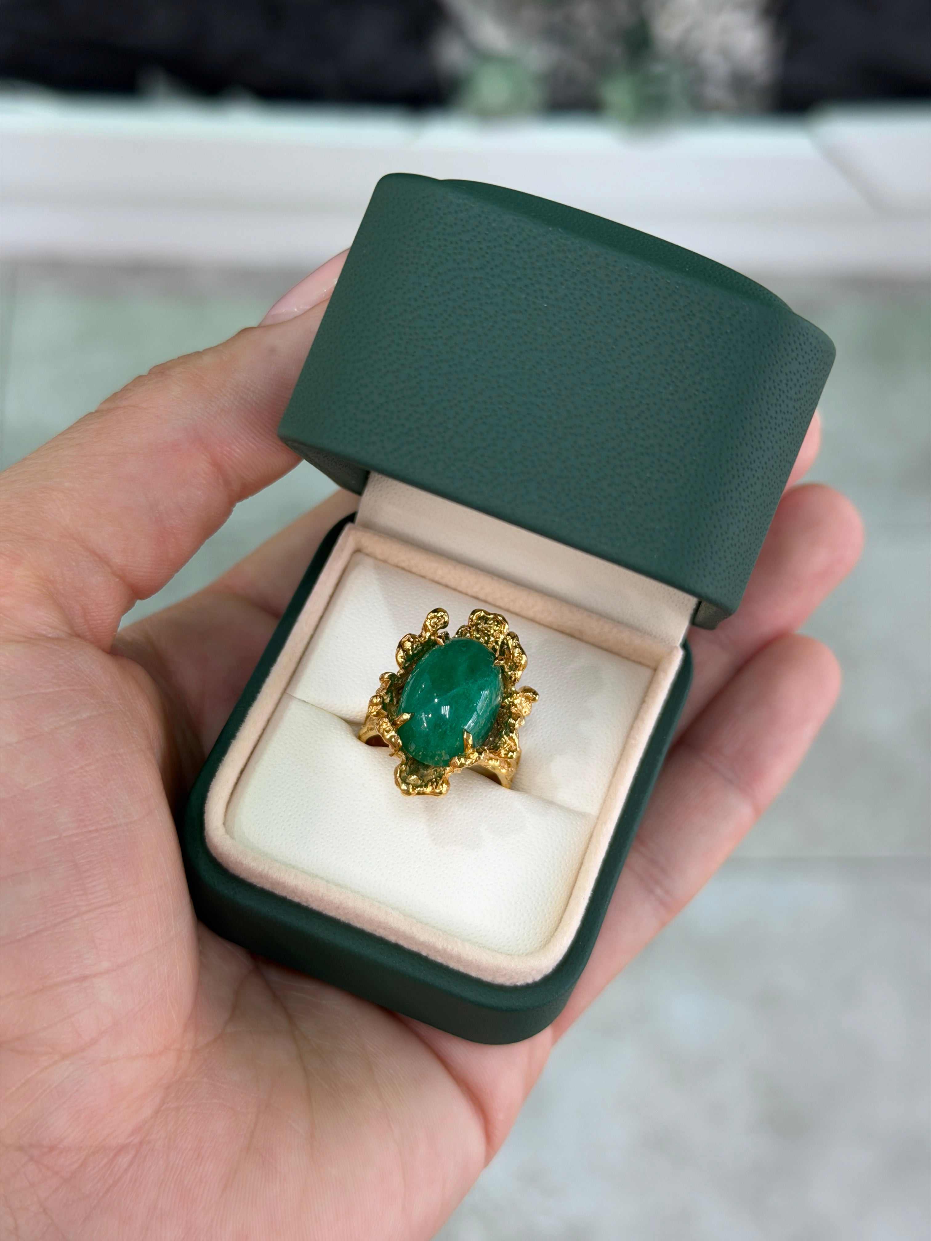 12.87ct 18K Natural Cabochon Cut Oval Emerald Solitaire Nugget Gold Ring