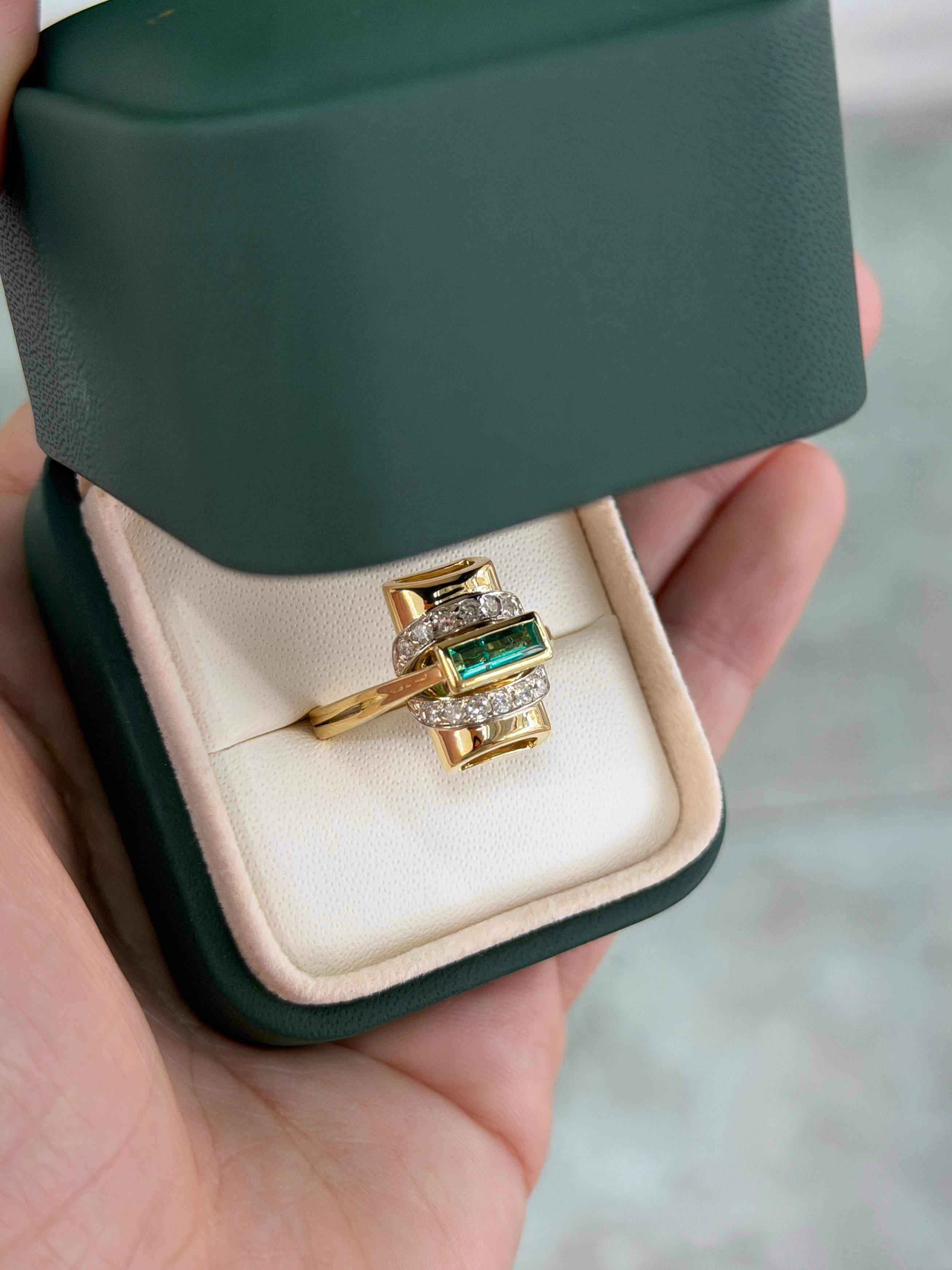 1.66tcw 18K Vintage Colombian Emerald Baguette & Diamond Accent Two Toned Statement Ring