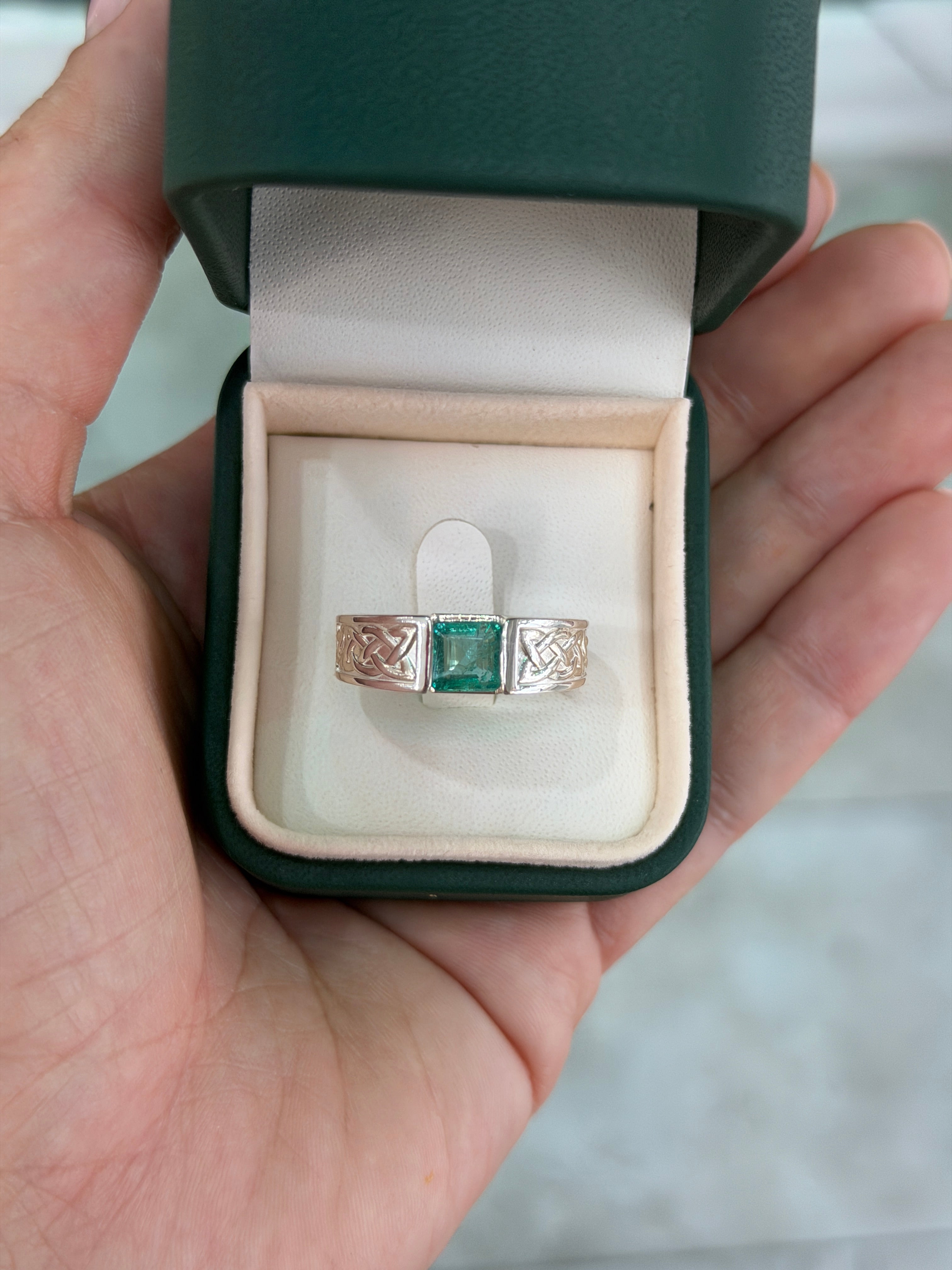 1.70ct 925 Celtic Irish Knot Asscher Emerald Solitaire Ring