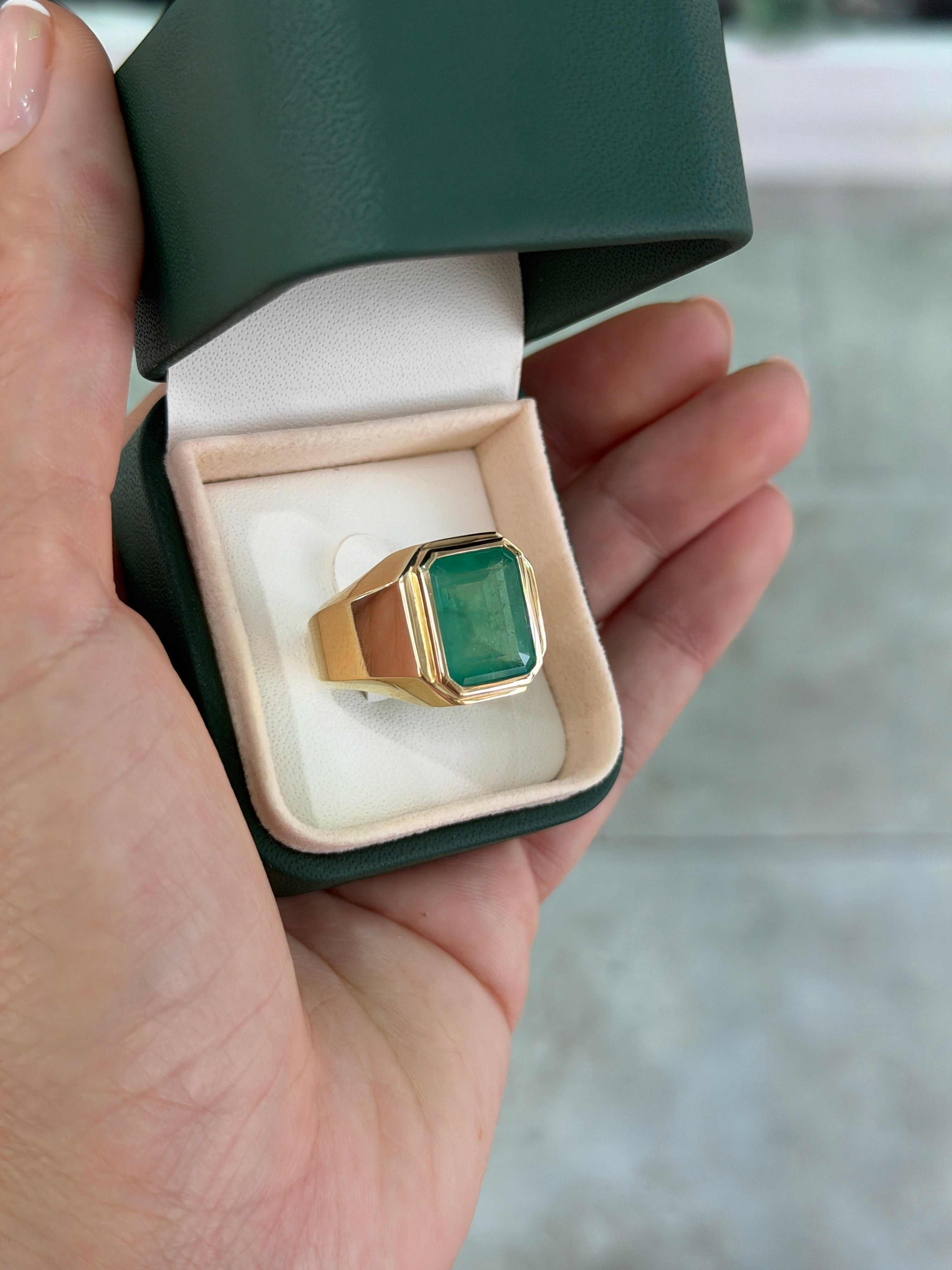 9.64ct 14K XL Bezel Set Emerald Cut Emerald Men's Signet Ring