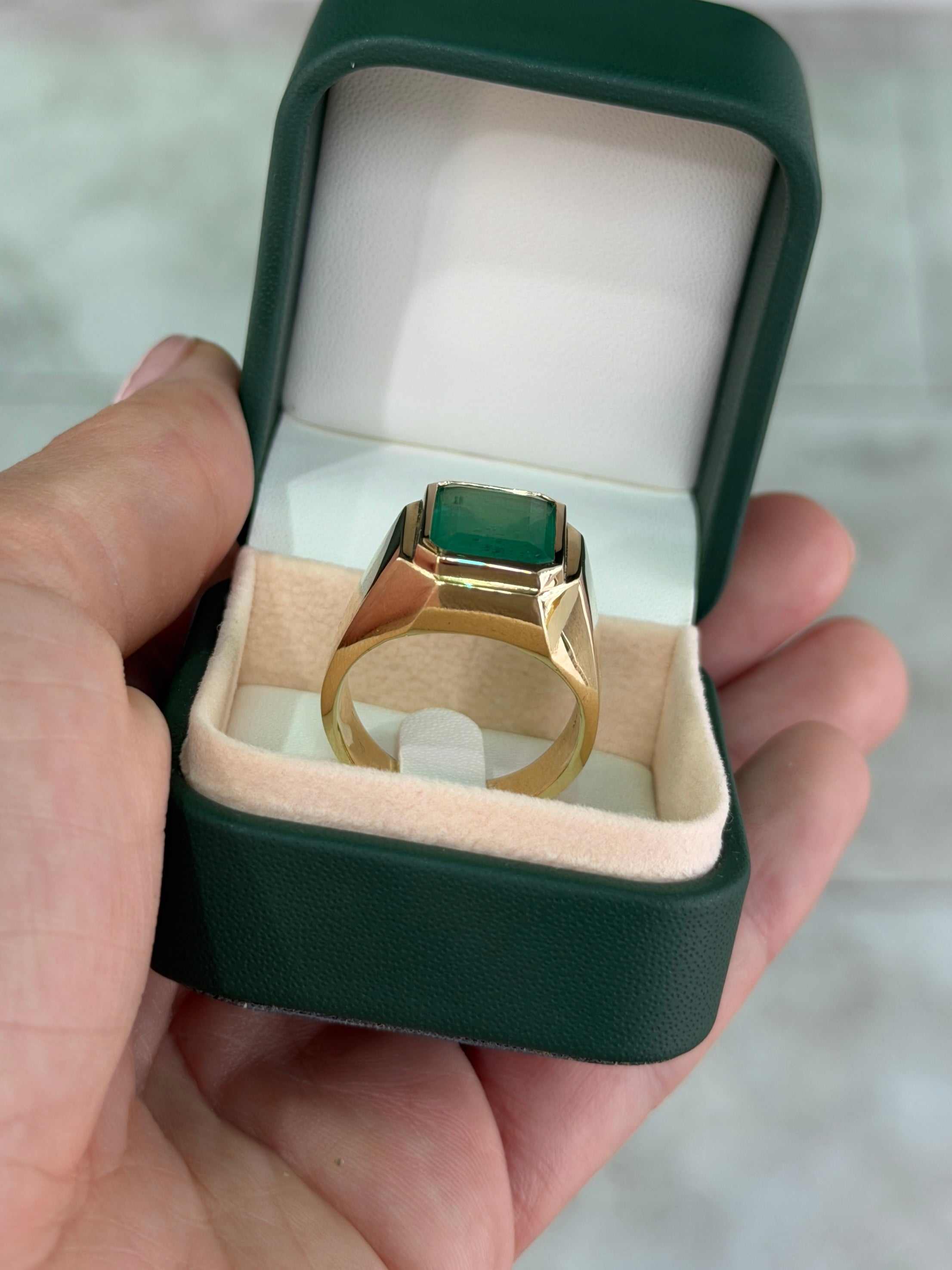 9.64ct 14K XL Bezel Set Emerald Cut Emerald Men's Signet Ring