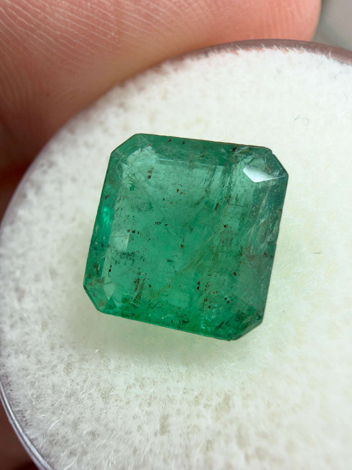 3.78 carat 9.5×9.2 mm Medium Moss Freckled Green Earth-Mined Loose Zambian Emerald- Asscher Cut