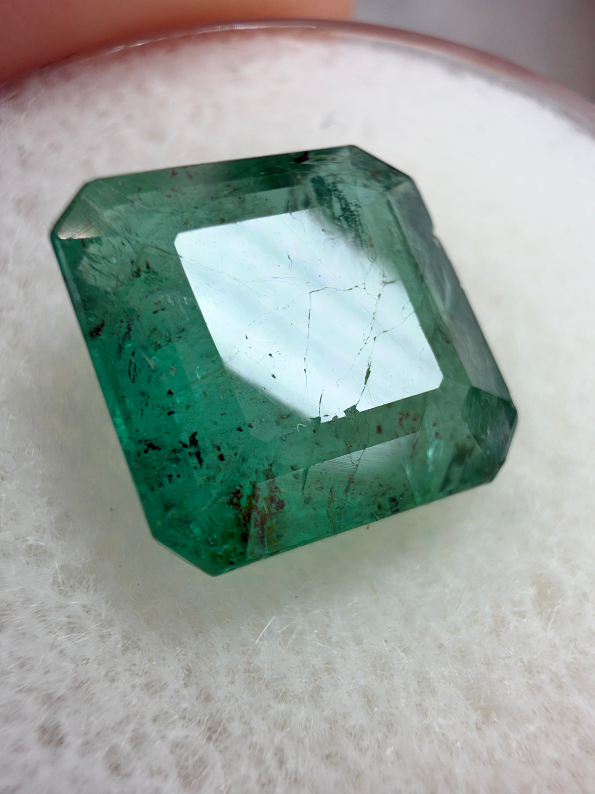 3.78 carat 9.5×9.2 mm Medium Moss Freckled Green Earth-Mined Loose Zambian Emerald- Asscher Cut