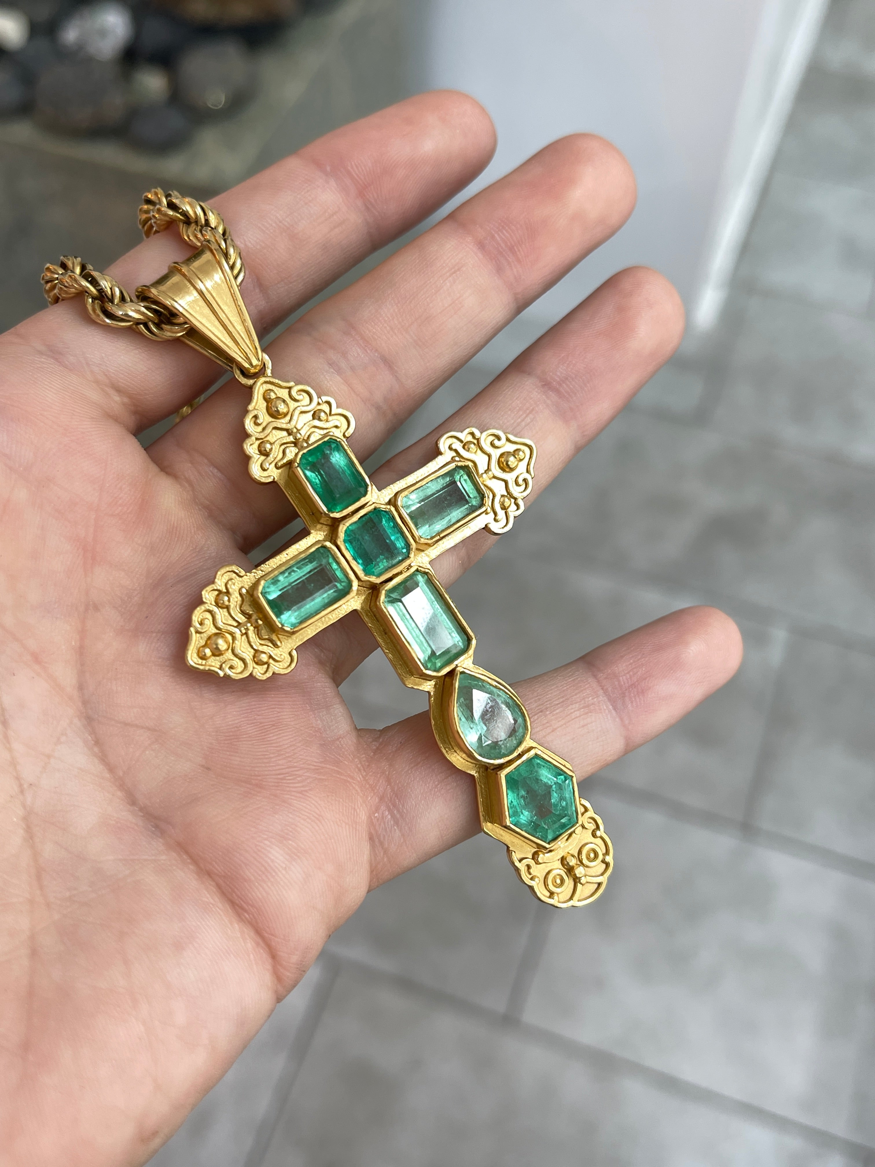 AS SEEN ON INSTAGRAM: 24.55TCW Massive Natural Colombian Emerald Pre Columbian Cross Sterling Silver with Gold Plate
