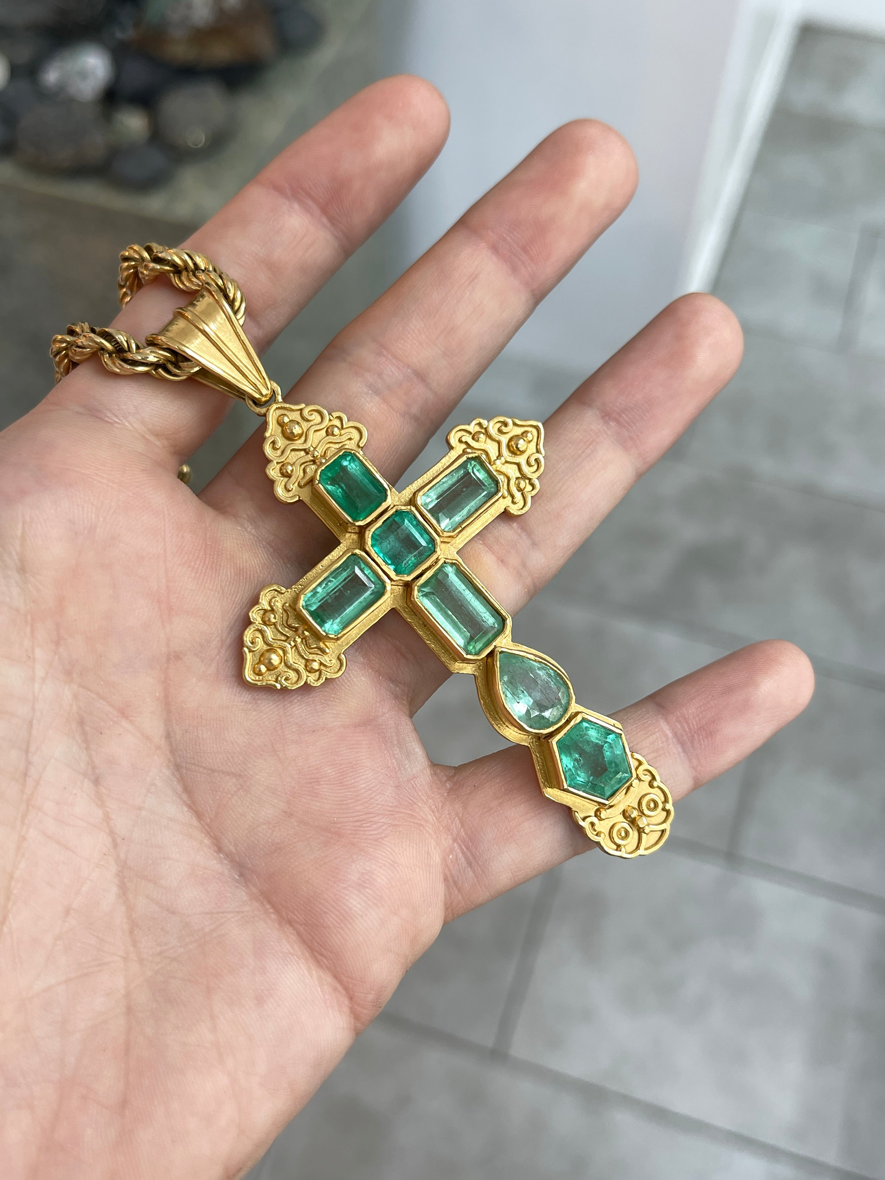 AS SEEN ON INSTAGRAM: 24.55TCW Massive Natural Colombian Emerald Pre Columbian Cross Sterling Silver with Gold Plate