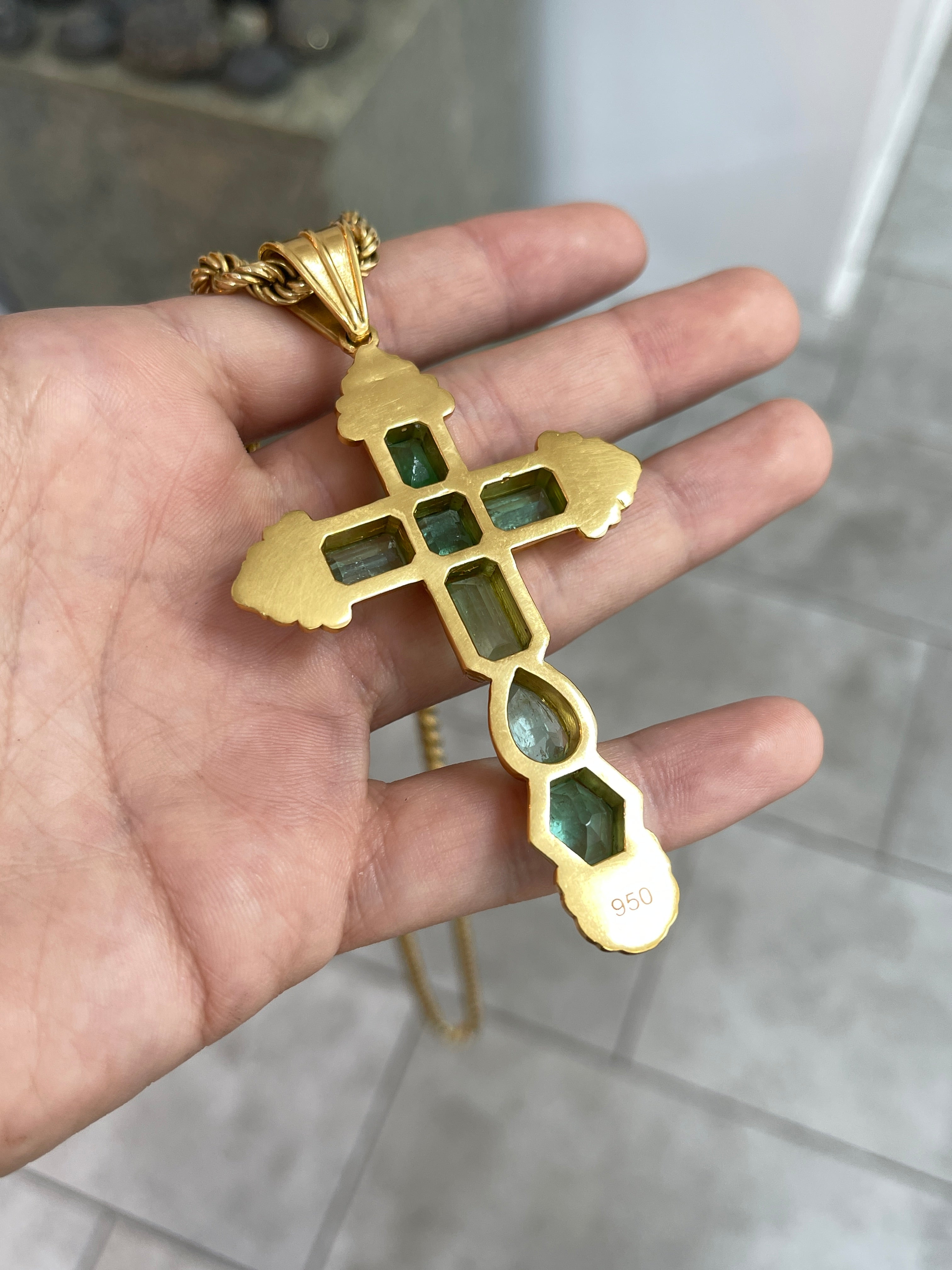 AS SEEN ON INSTAGRAM: 24.55TCW Massive Natural Colombian Emerald Pre Columbian Cross Sterling Silver with Gold Plate